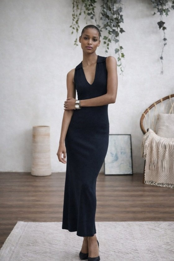 Women's Sleeveless V-Neck Long Ribbed Knit Dress - Janes - by Peralane