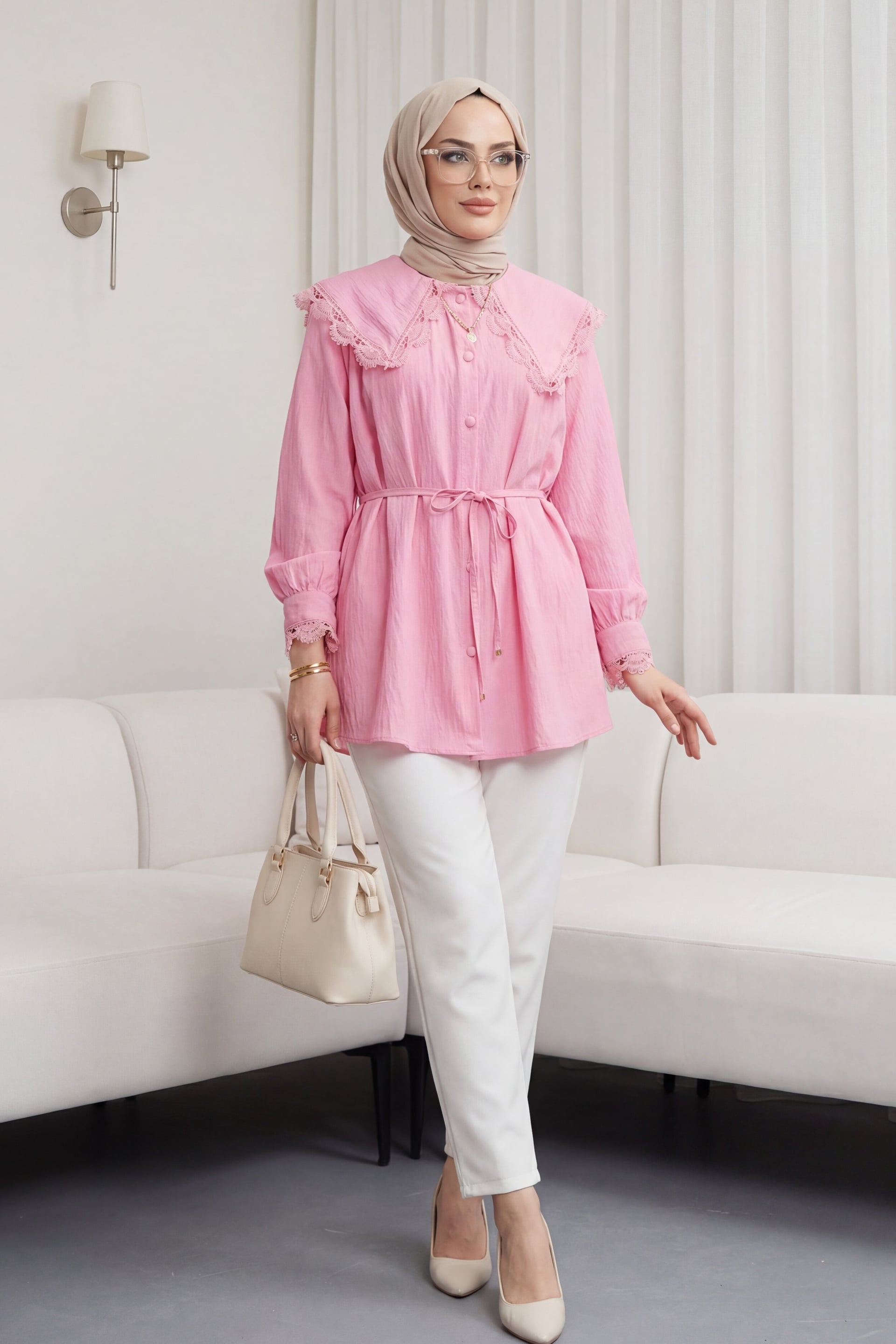 Pink Baby Collar Modal Tunic with Lace Trim and Tie Belt - Podyumplus - by Peralane - photo 3