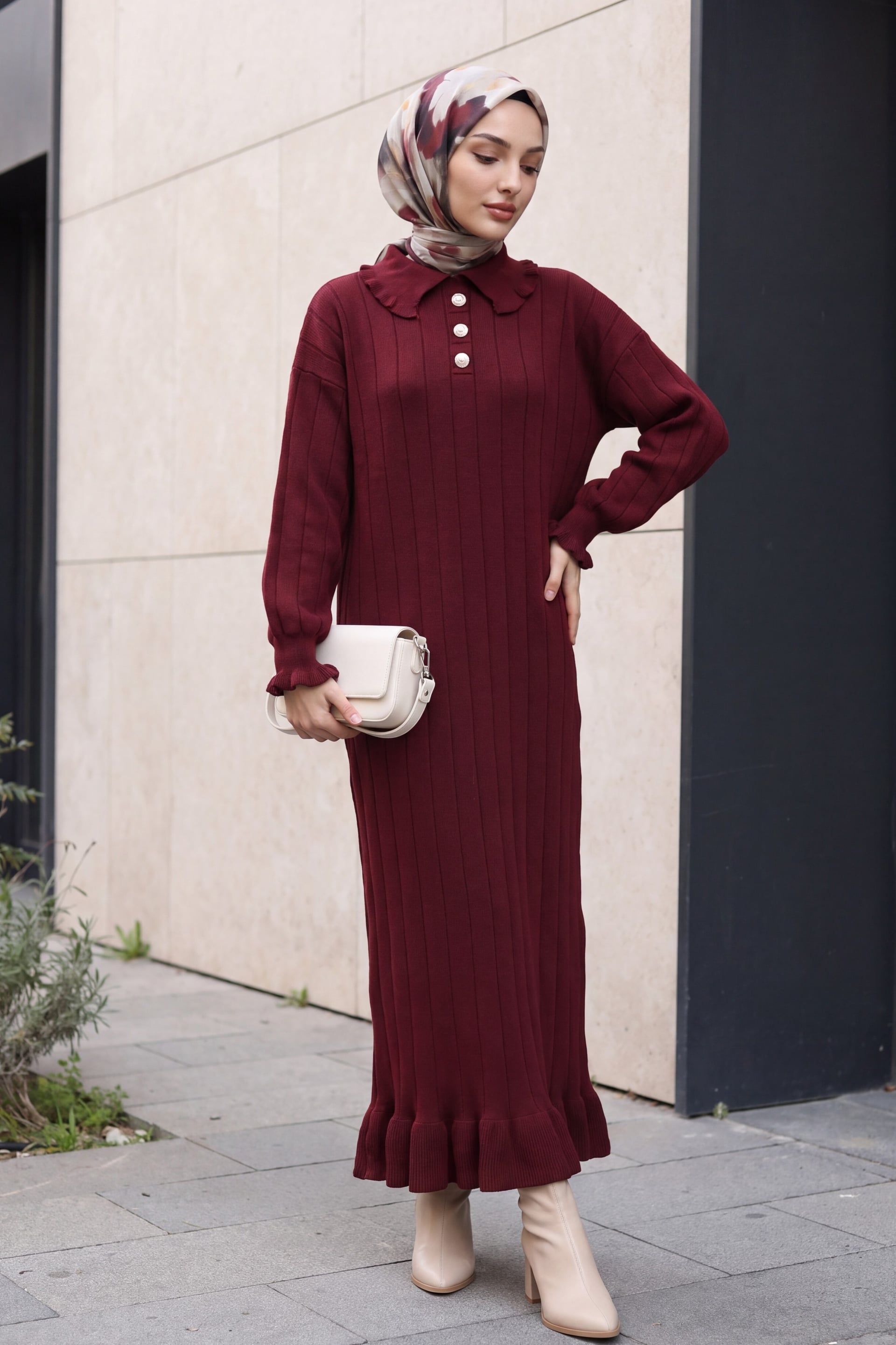 Ruffled Collar and Hem Button Detail Knit Dress - Burgundy - Podyumplus - by Peralane - photo 2