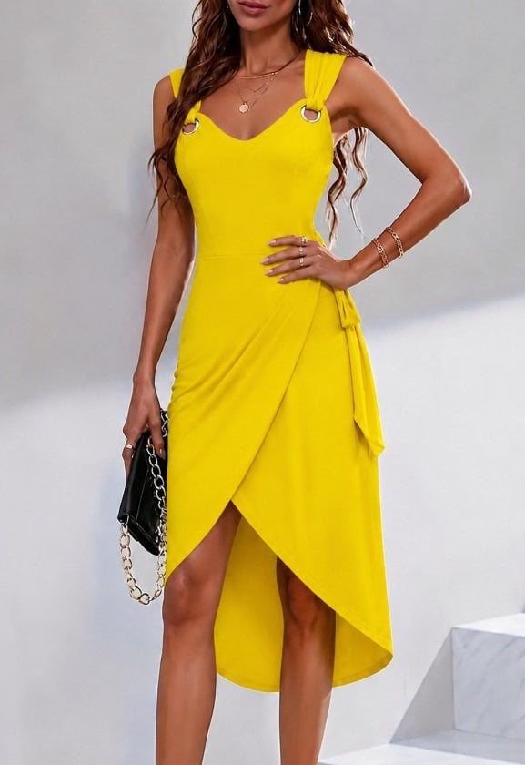 Women's Sleeveless V-Neck Viscose Midi Dress with Metal Ring Details and Side Tie - Janes - by Peralane - photo 3