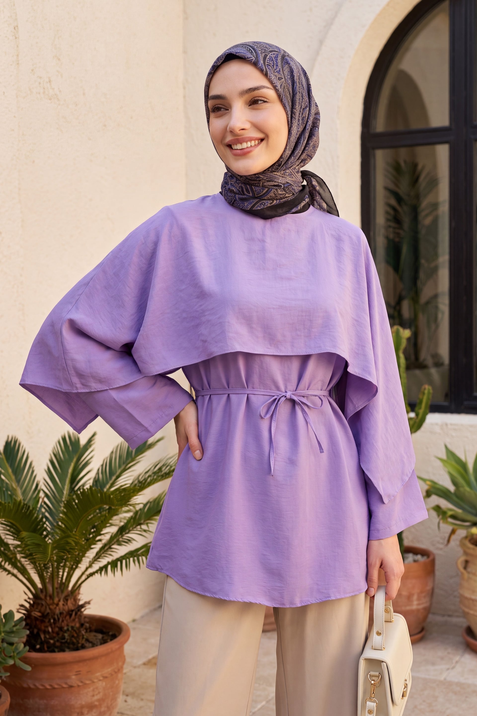 Lavender Voile Tunic with Cape Detail and Belt - Podyumplus - by Peralane