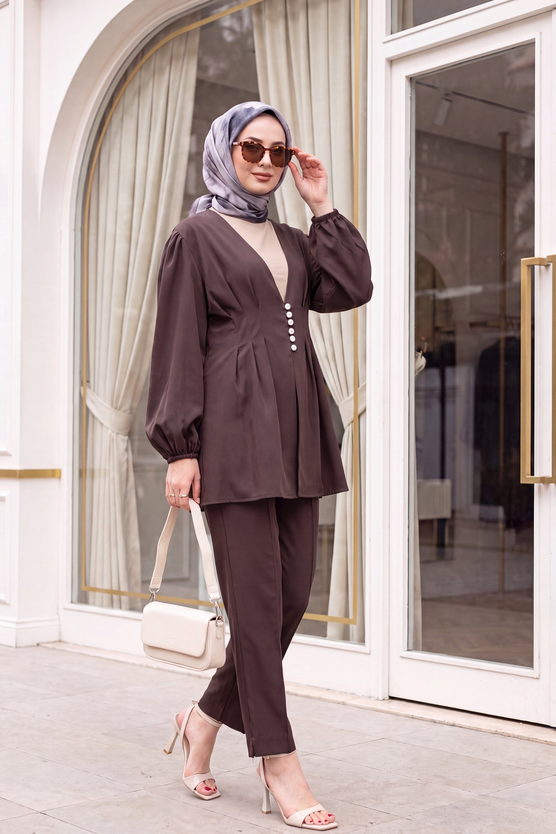 Stone Button Double Fabric Trouser Suit with Elastic Cuffs - Dark Brown - Podyumplus - by Peralane - photo 3