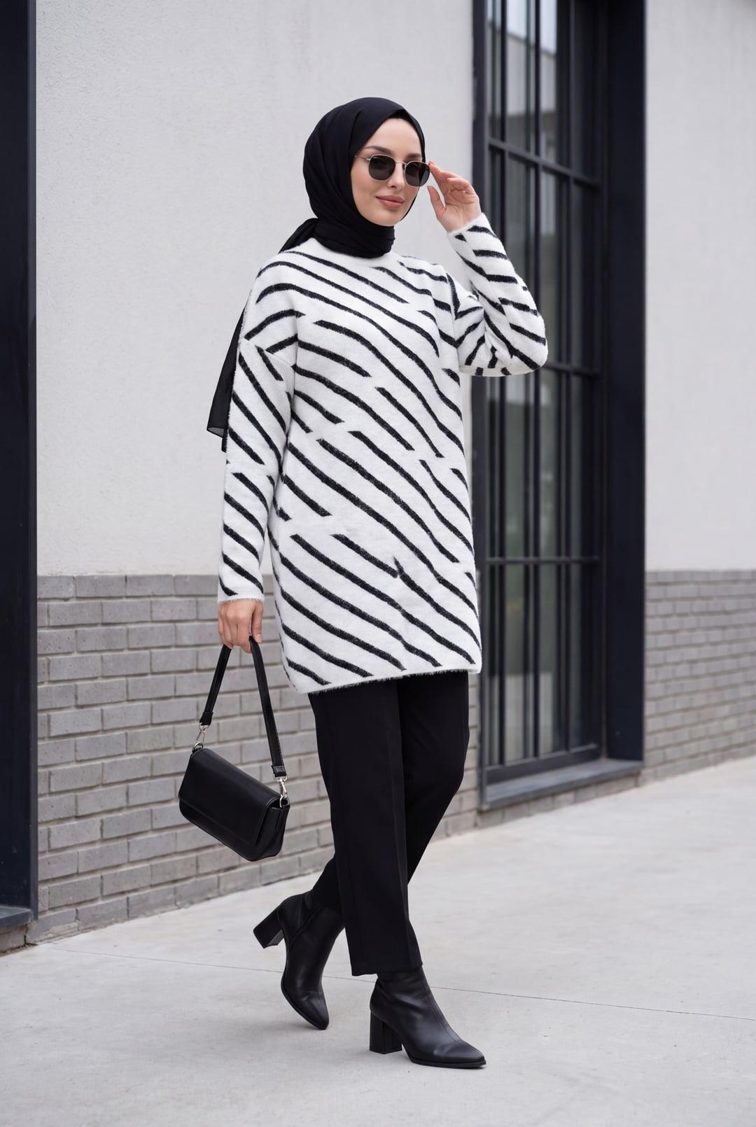 Half Mock Neck Sweater Tunic with Side Stripe Pattern - White - Podyumplus - by Peralane - photo 3