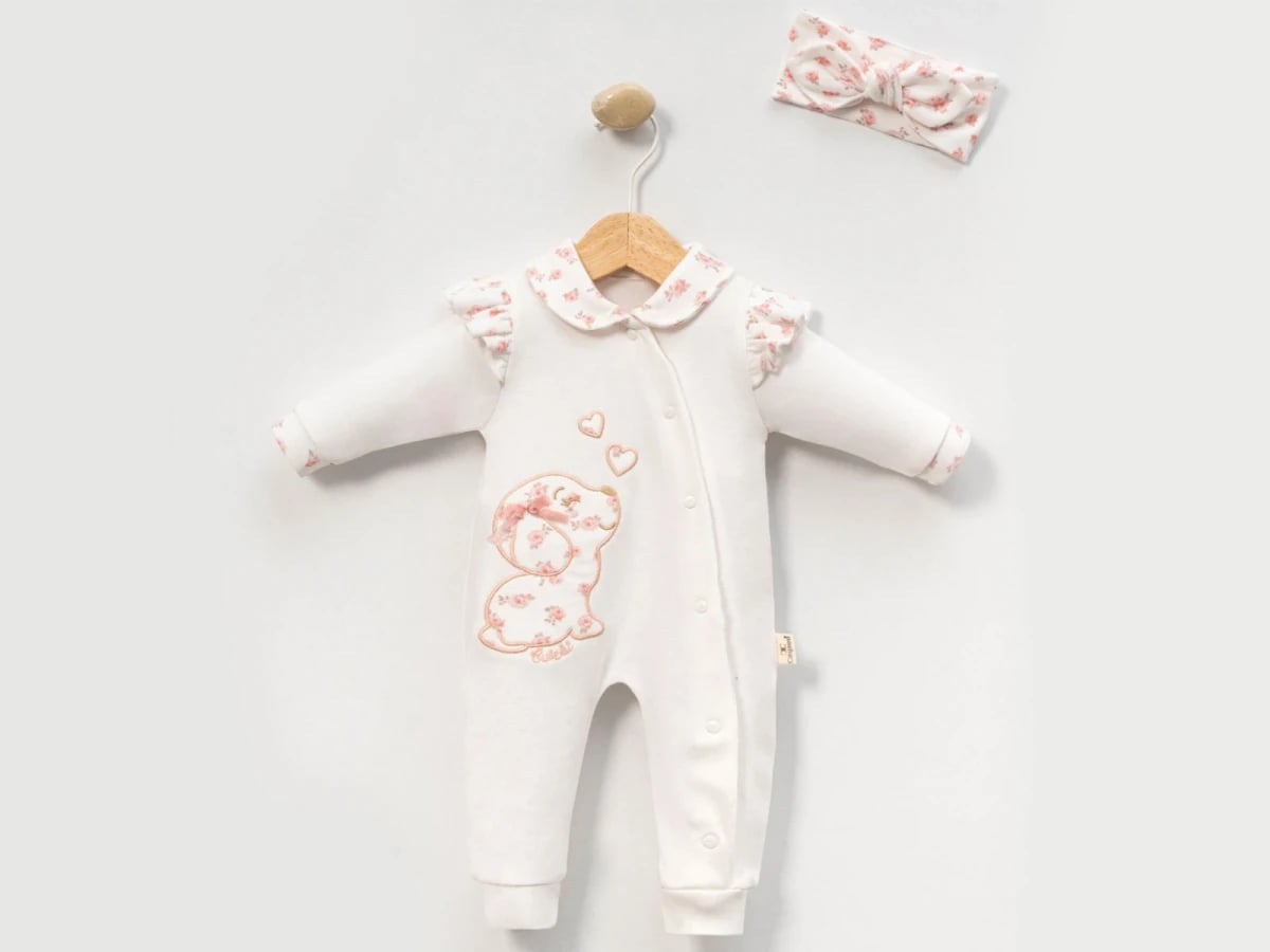 Cute Printed Baby Girl Romper and Headband Set - White Floral - Cayzen - by Peralane