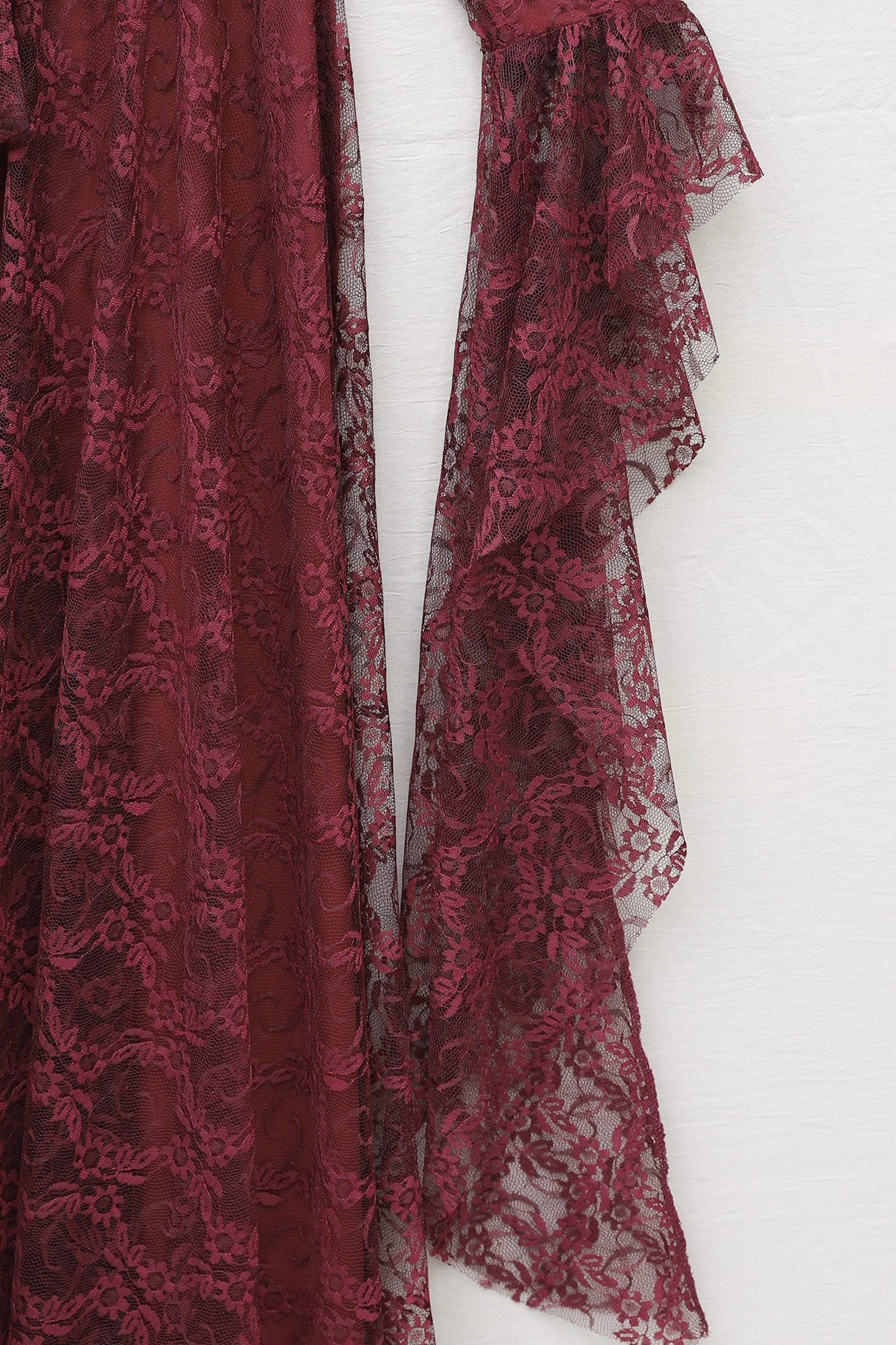 Burgundy Floral Lace Dress with Belted Waist and Flared Cuffs - Podyumplus - by Peralane - photo 6