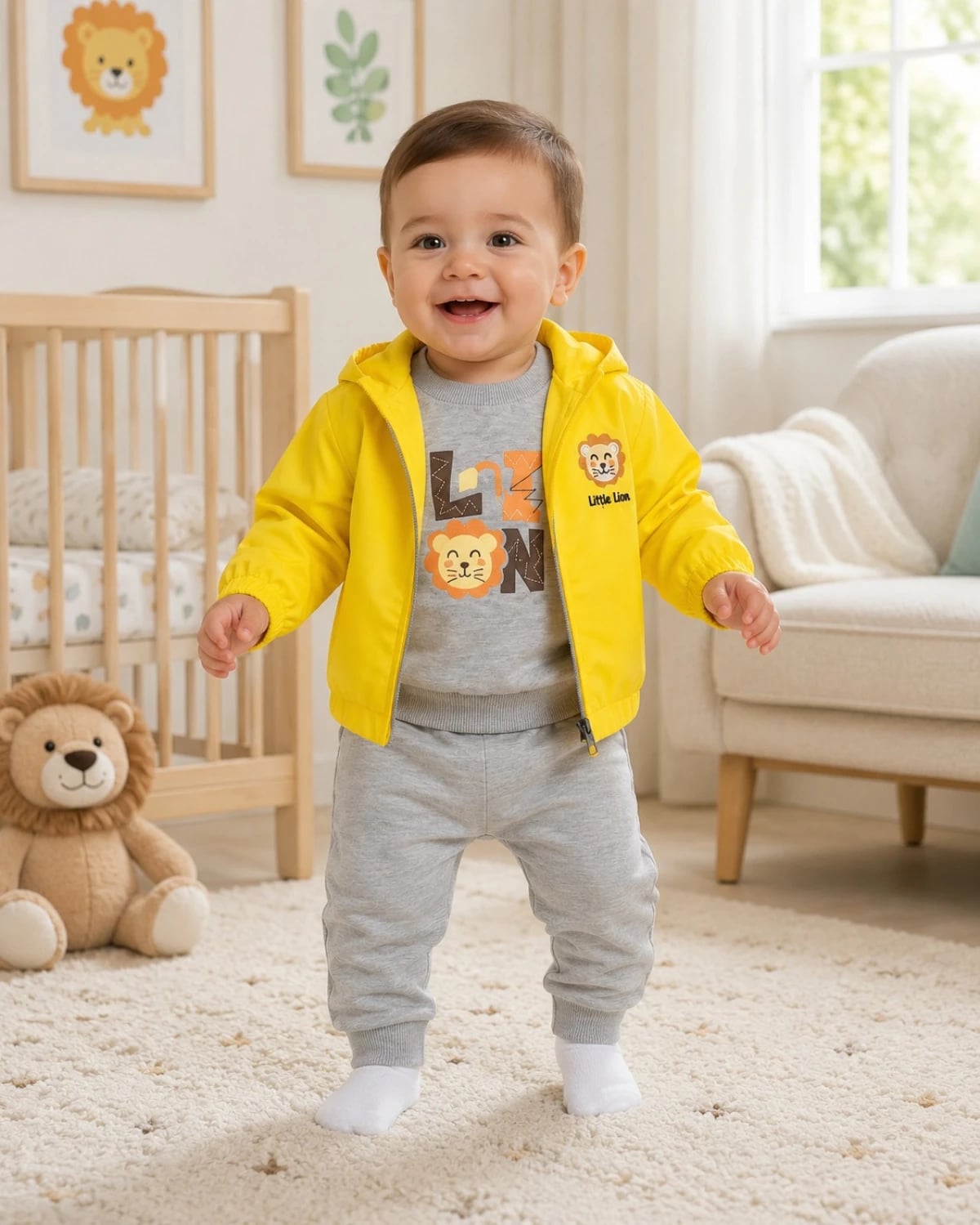 Baby Boys 3-Piece Lion Print Hooded Jacket, Sweatshirt and Jogger Set - Yellow - Has Bereket - by Peralane
