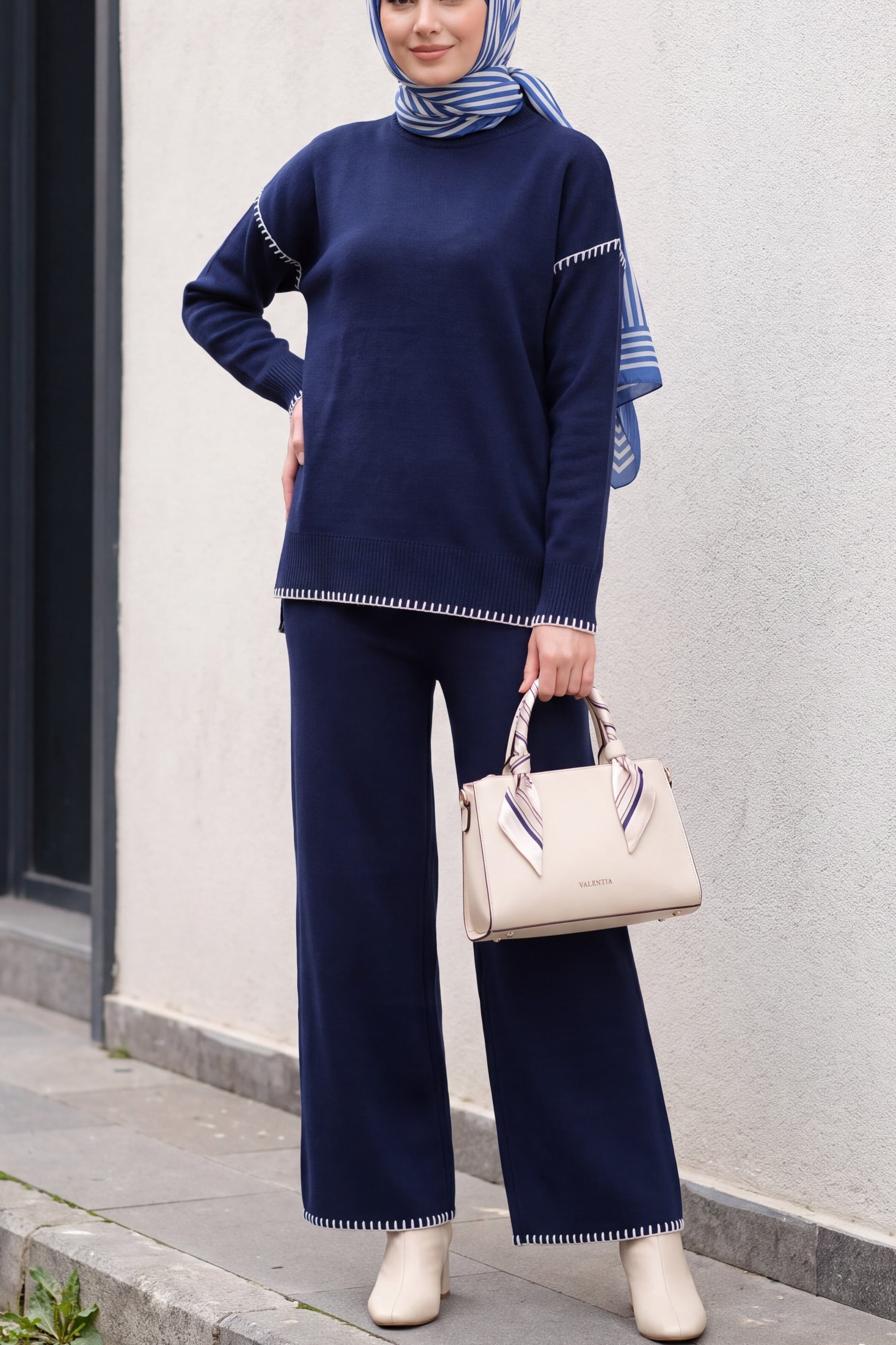 Navy Blue Ribbed Trim Knit Sweater and Wide-Leg Trousers Set - Podyumplus - by Peralane