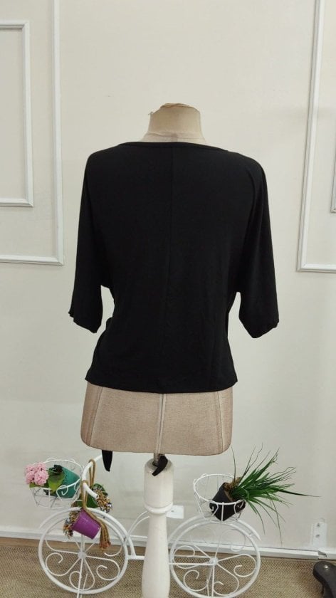 Women's Black Wrap-Style Short-Sleeve V-Neck Viscose Blouse with Side Tie - Janes - by Peralane - photo 6