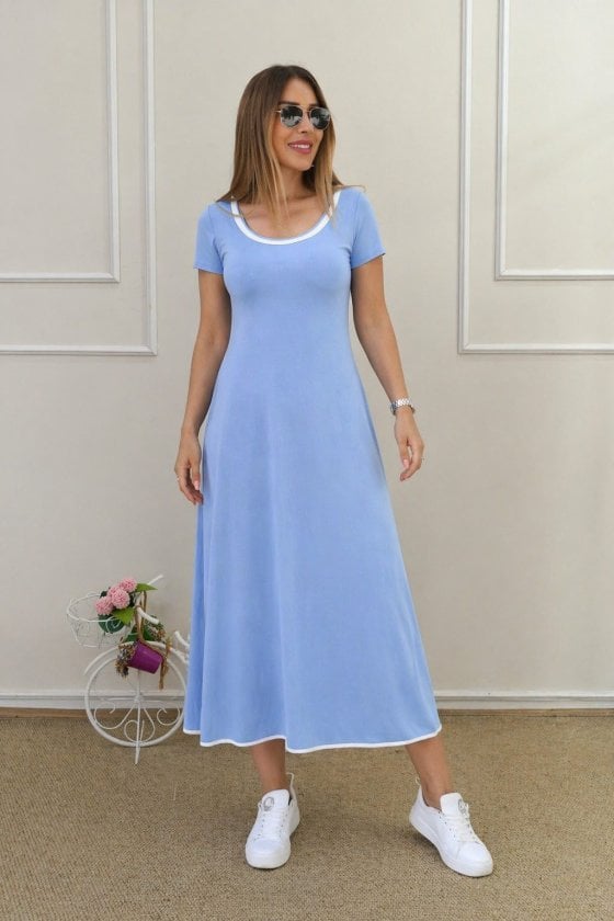 Women's Short-Sleeve Round-Neck Midi Dress with Colored Piping - Janes - by Peralane
