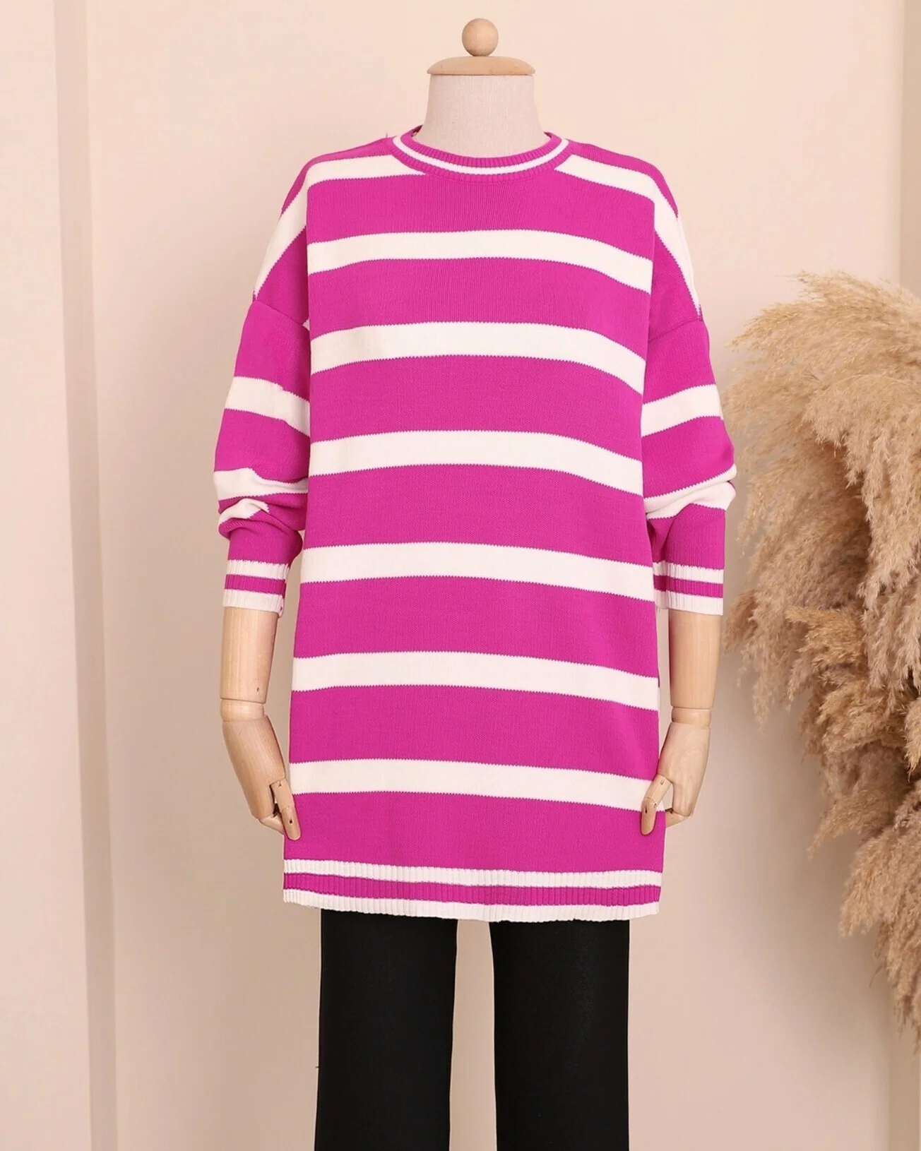 Striped Knit Tunic in Fuchsia for Women - Podyumplus - by Peralane - photo 3