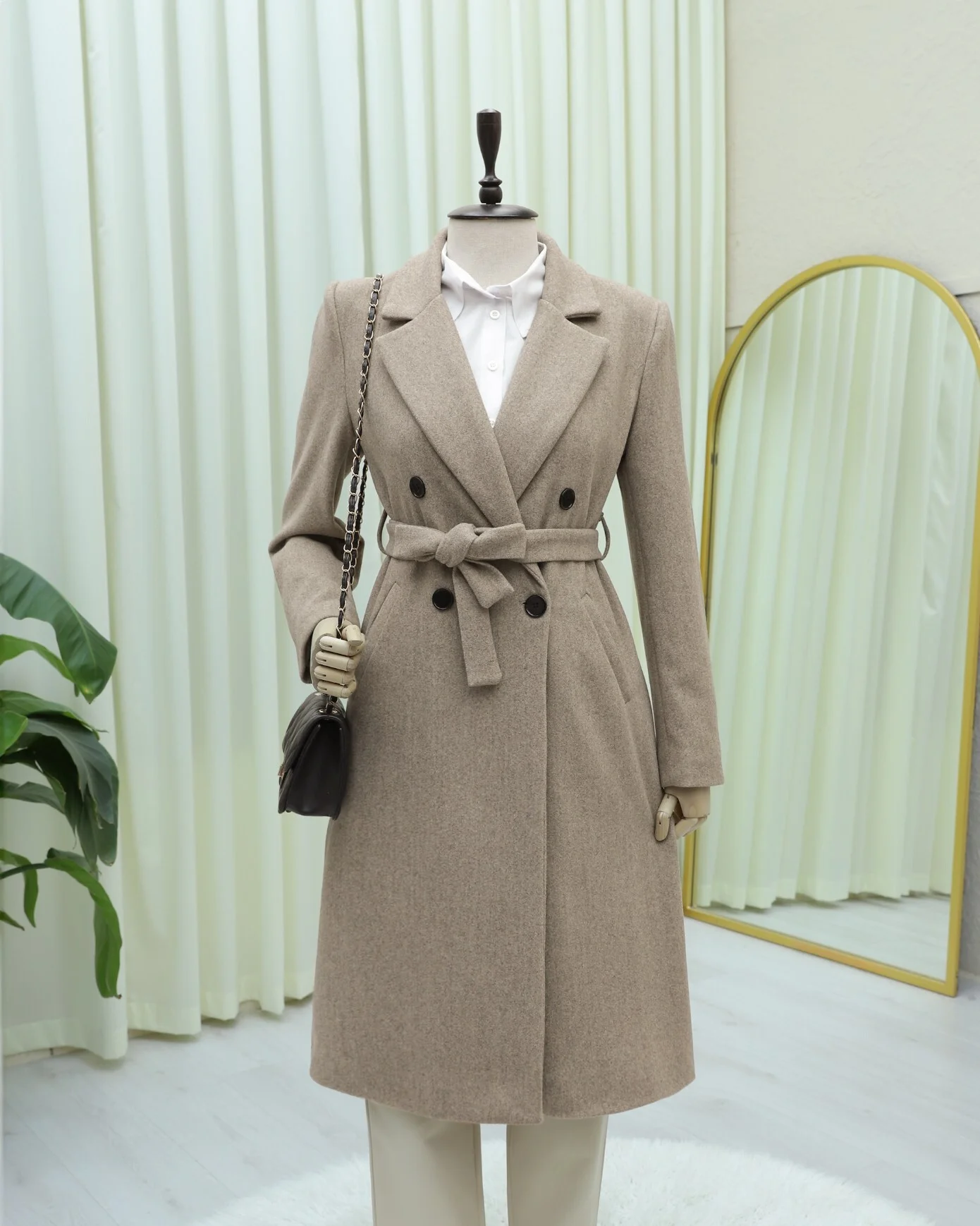 Double-Breasted Belted Coat with Pockets - Stone - Podyumplus - by Peralane