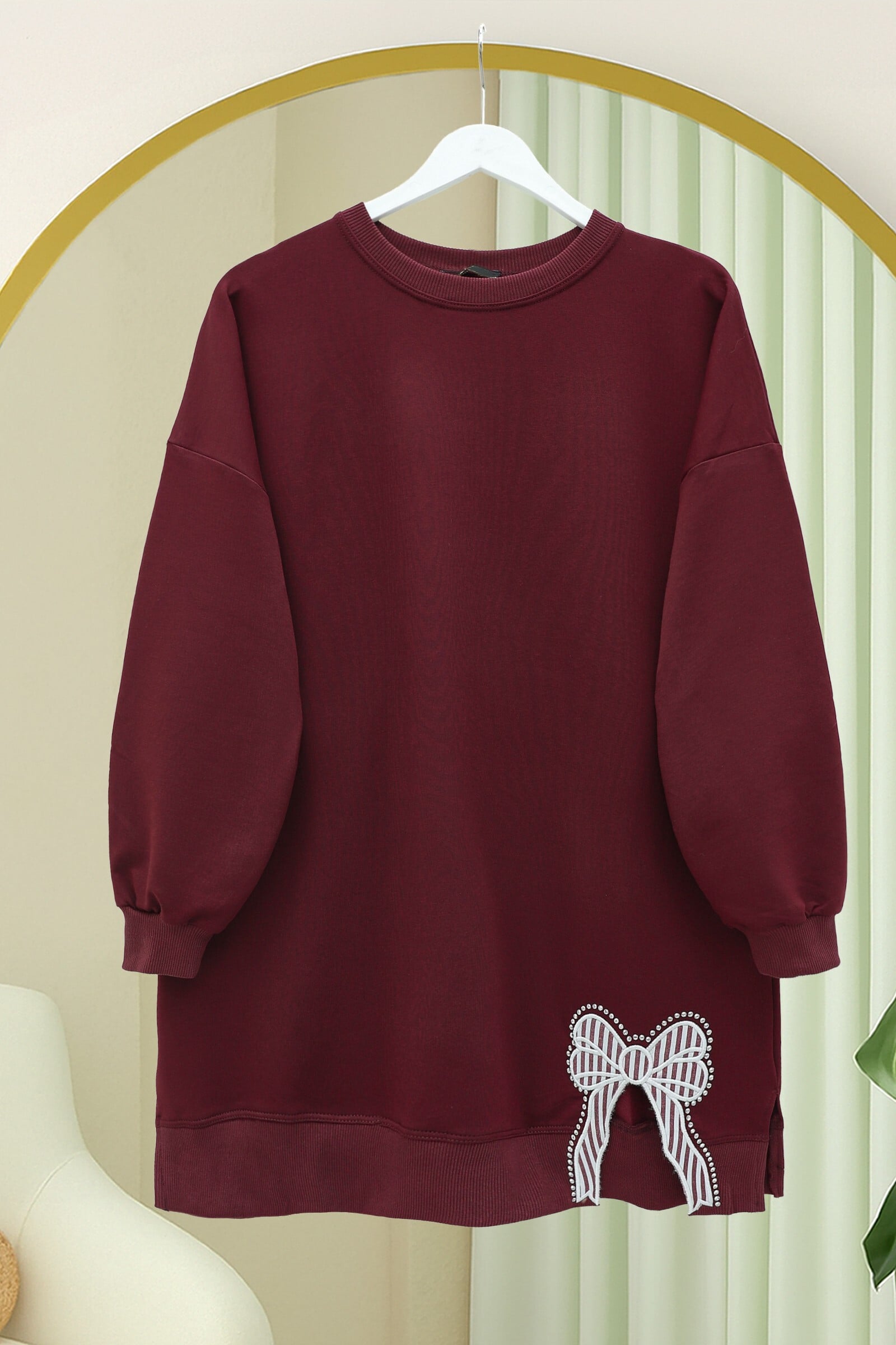 Round Neck Bow Detail Relaxed Knit Tunic - Burgundy - Podyumplus - by Peralane - photo 5
