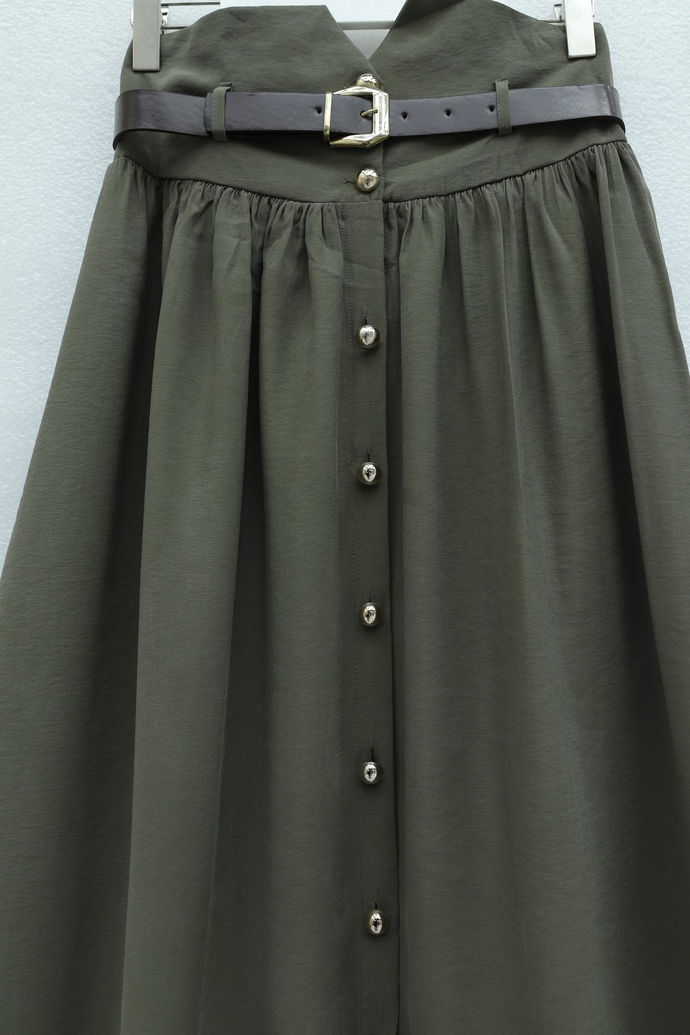 High Waist Modal Skirt with Button Front and Belt - Olive Green - Podyumplus - by Peralane - photo 4