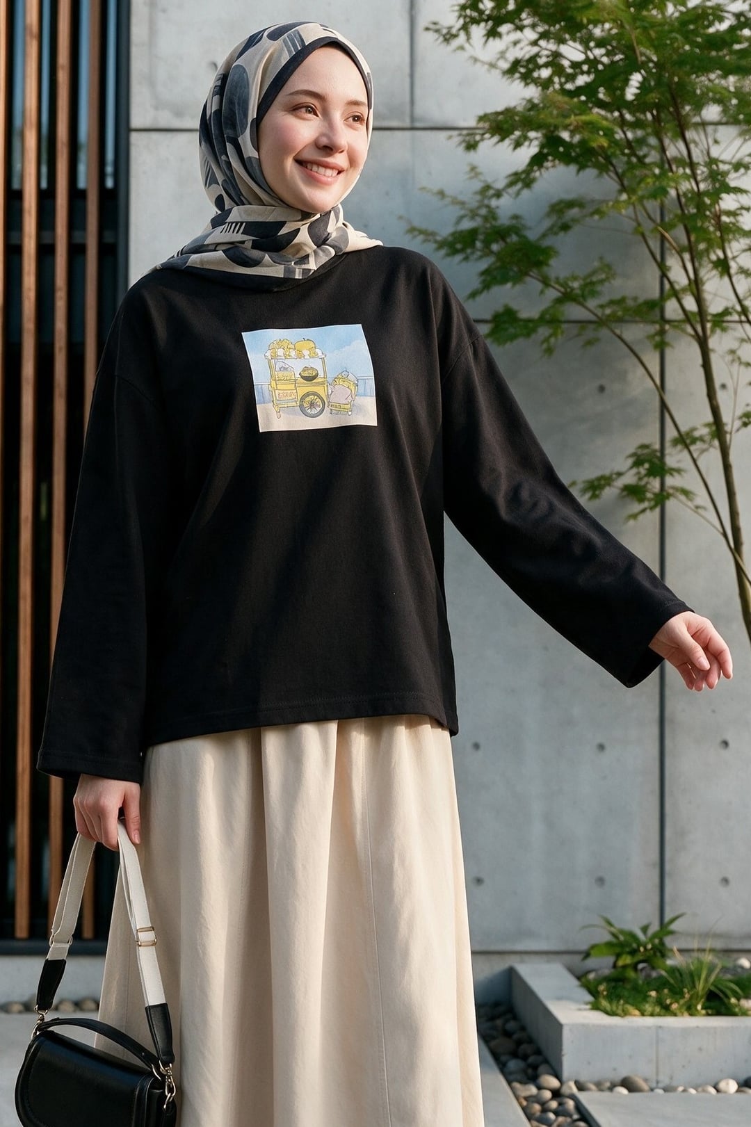 Black Crew Neck Printed Swing Sweatshirt - Podyumplus - by Peralane