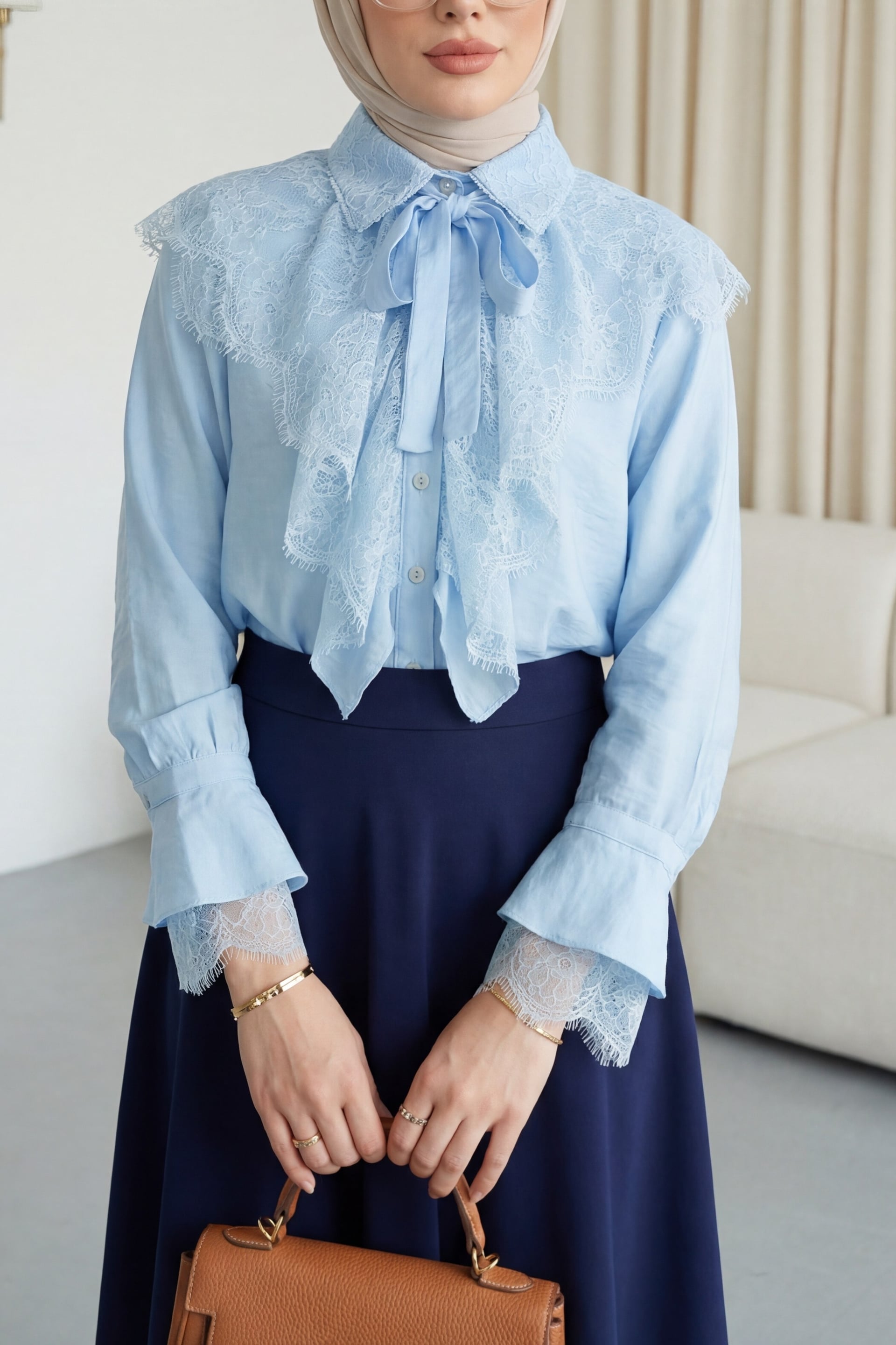 Light Blue Women's Shirt with Lace Collar and Bow Tie, Long Back - Podyumplus - by Peralane