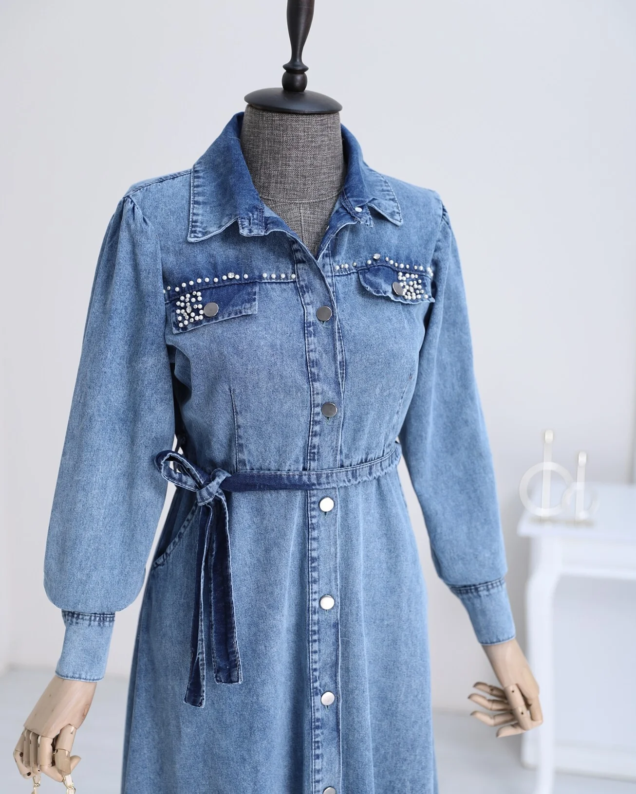 Stone Detailed Full-Length Button Denim Dress - Indigo - Podyumplus - by Peralane - photo 7