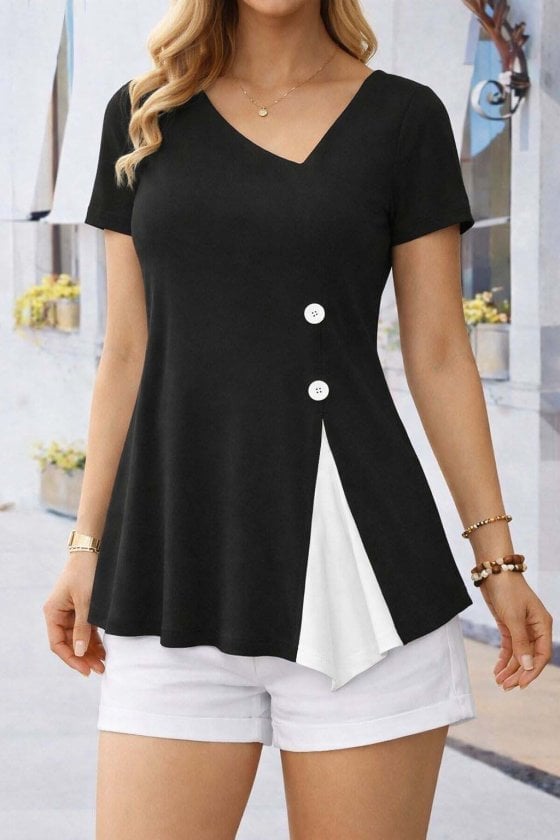 Women's Short Sleeve Asymmetric V-Neck Button Detail Viscose Blouse - Janes - by Peralane