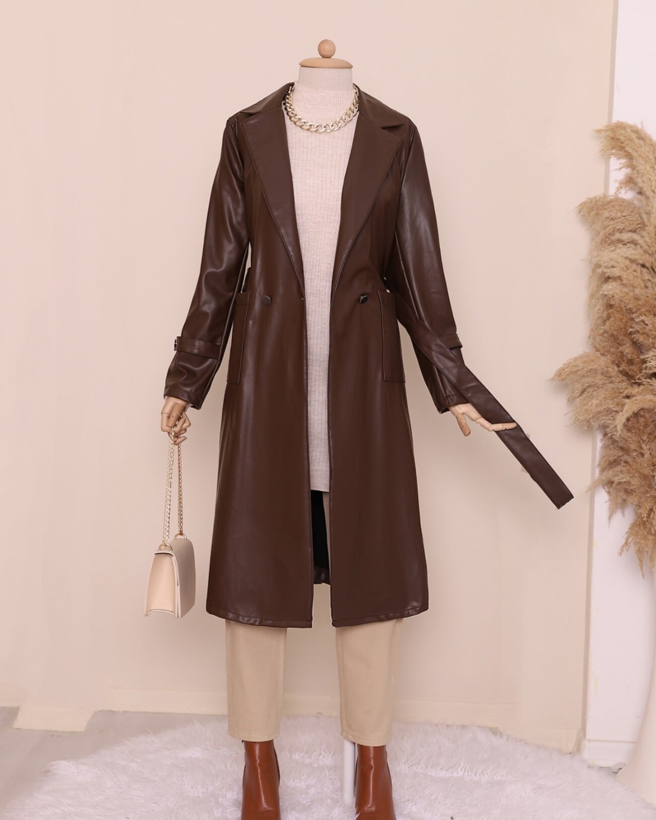 Women's Double-Breasted Faux Leather Belted Trench Coat in Brown - Podyumplus - by Peralane - photo 4