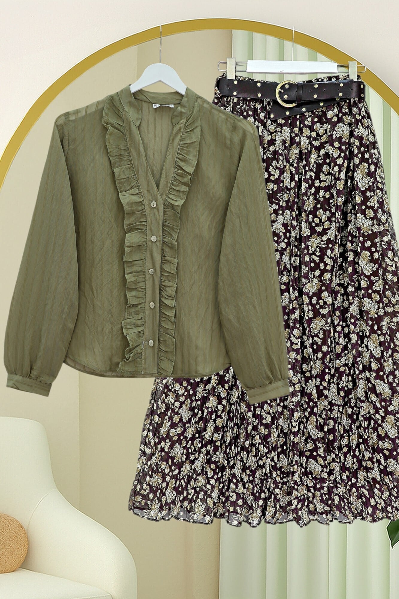 V-Neck Frilled Semi-Transparent Tencel Bouquet Blouse - Olive Green - Podyumplus - by Peralane - photo 4