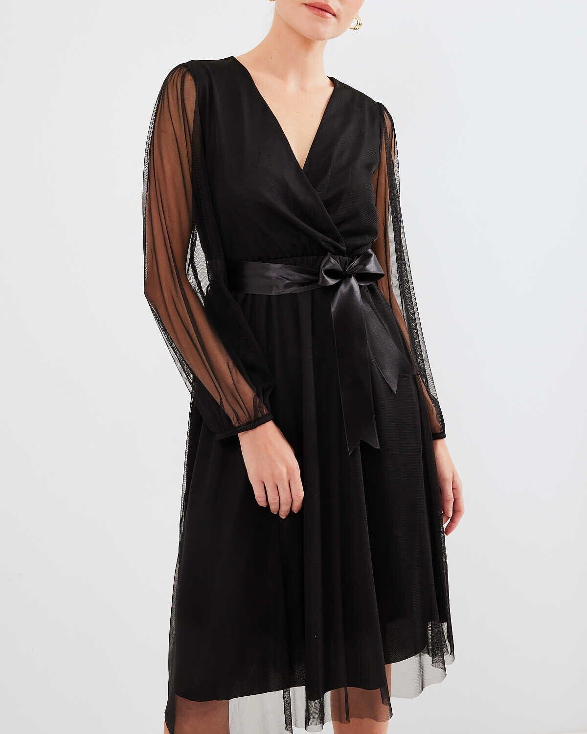 Black Wrap V-Neck Tulle Dress with Sheer Sleeves - Bigdart - by Peralane - photo 2