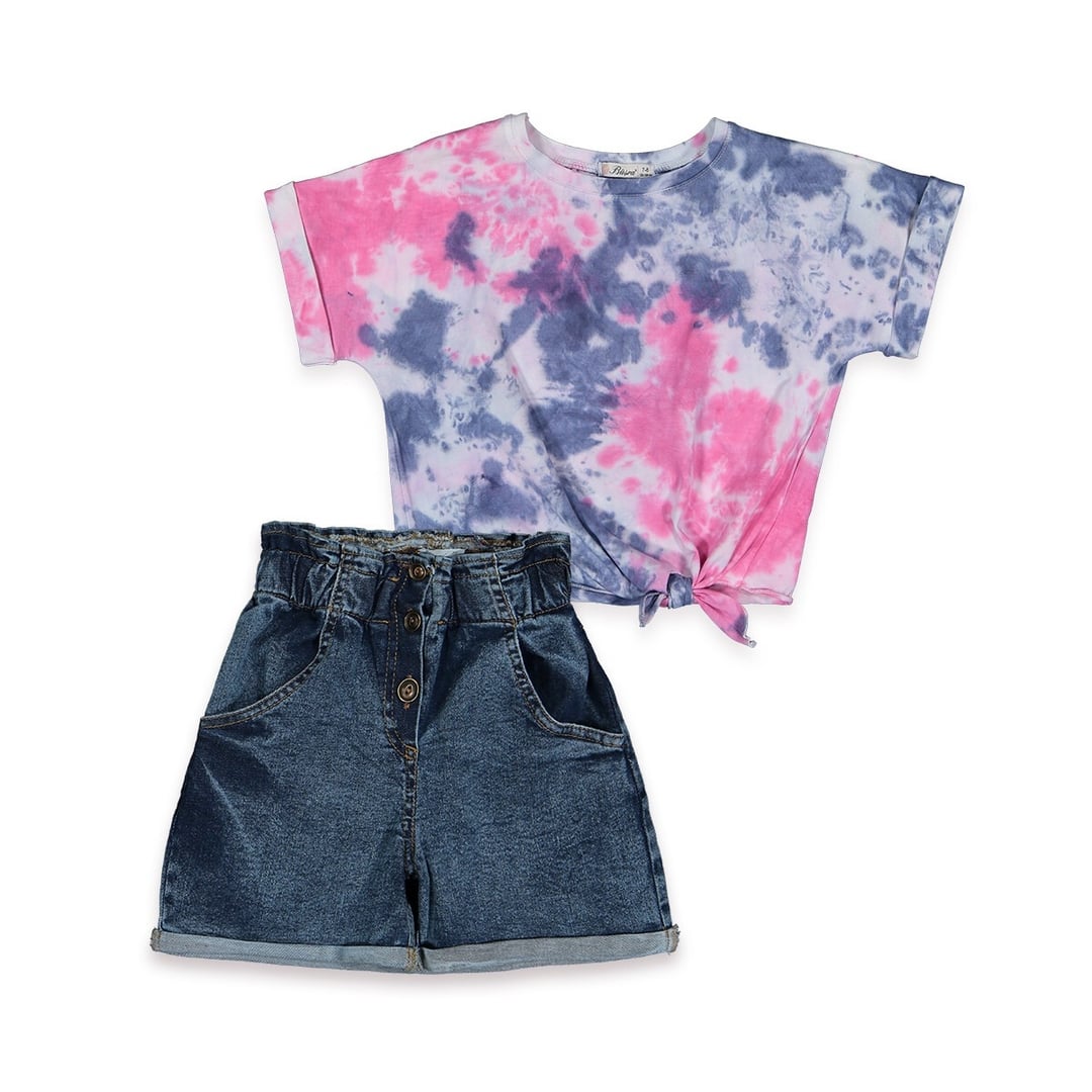 Tie-Dye Knot Hem T-Shirt and Denim Shorts Set for Girls 7-10 Years - Busra Bebe - by Peralane