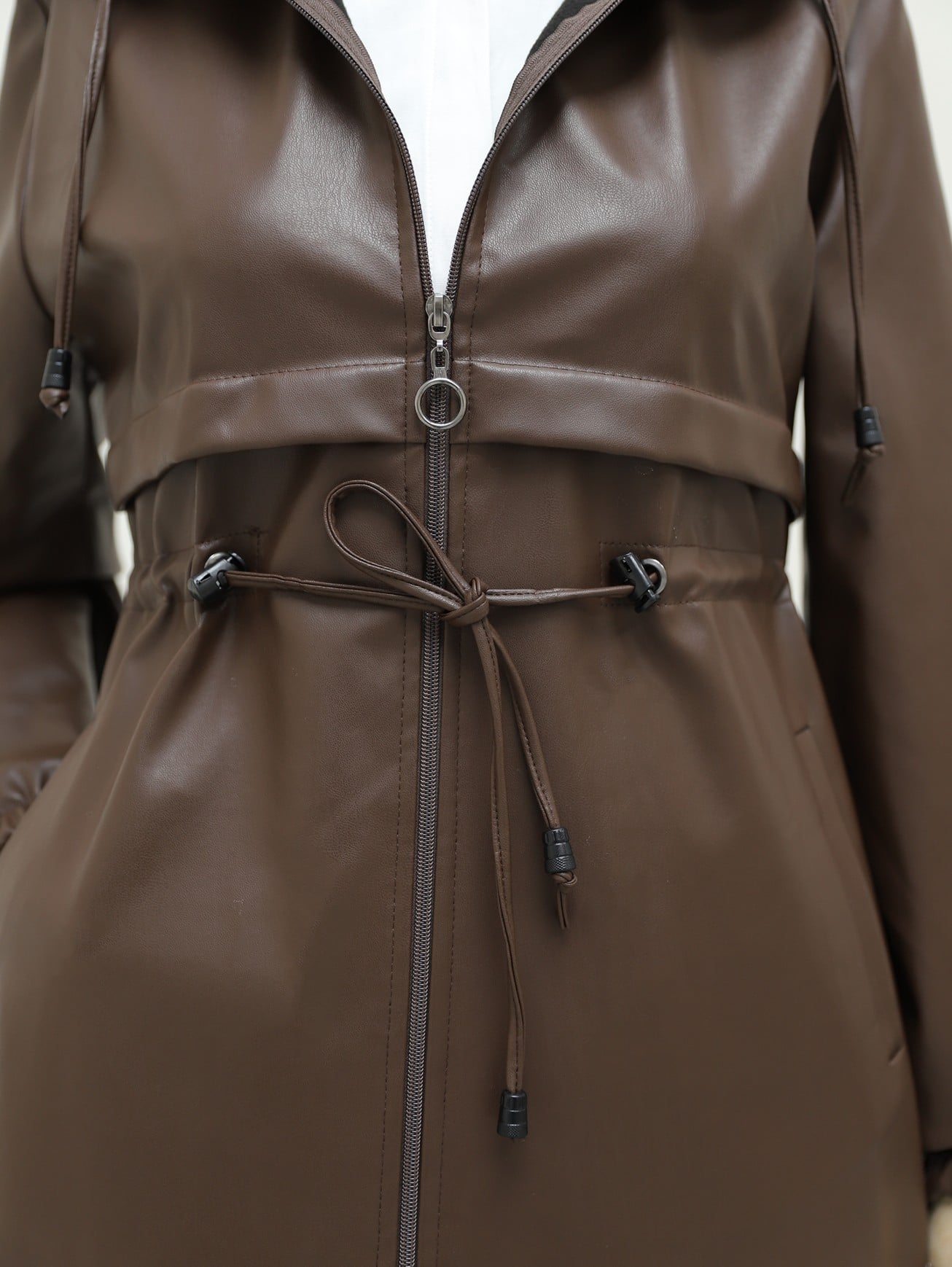 Tunnel Drawstring Hooded Zip Faux Leather Trench Coat - Brown - Podyumplus - by Peralane - photo 3