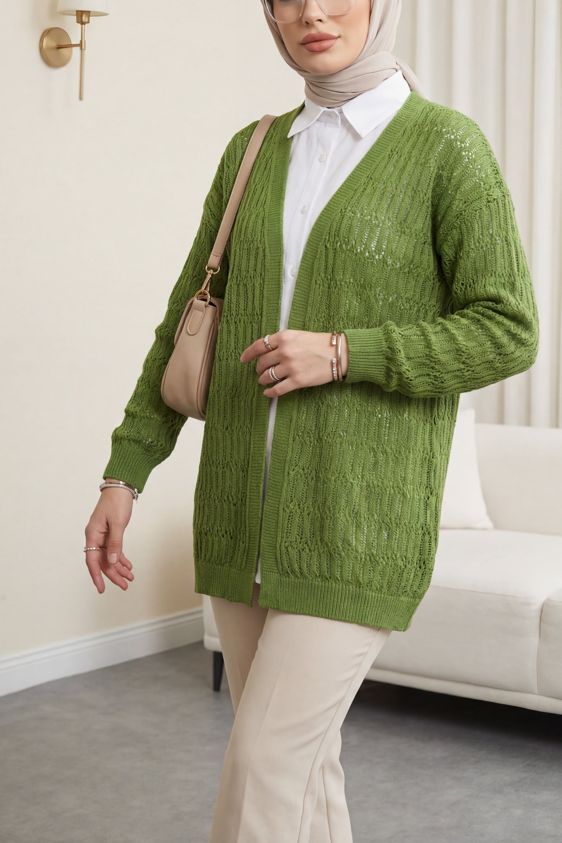 Openwork Patterned Spring Cardigan - Light Green - Podyumplus - by Peralane