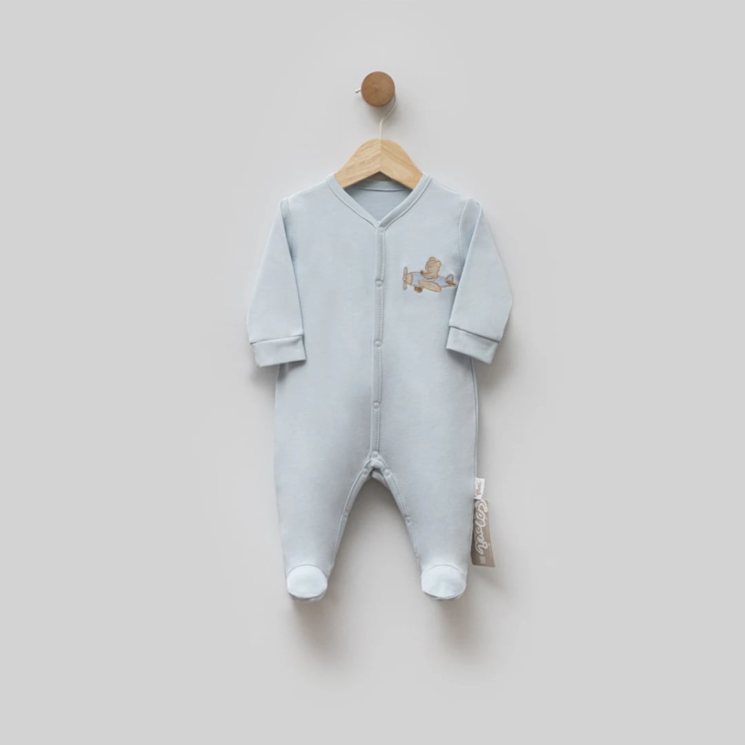 Baby Romper with Bear Airplane Embroidery - Light Blue (Pack of 3) - Flexi Baby - by Peralane
