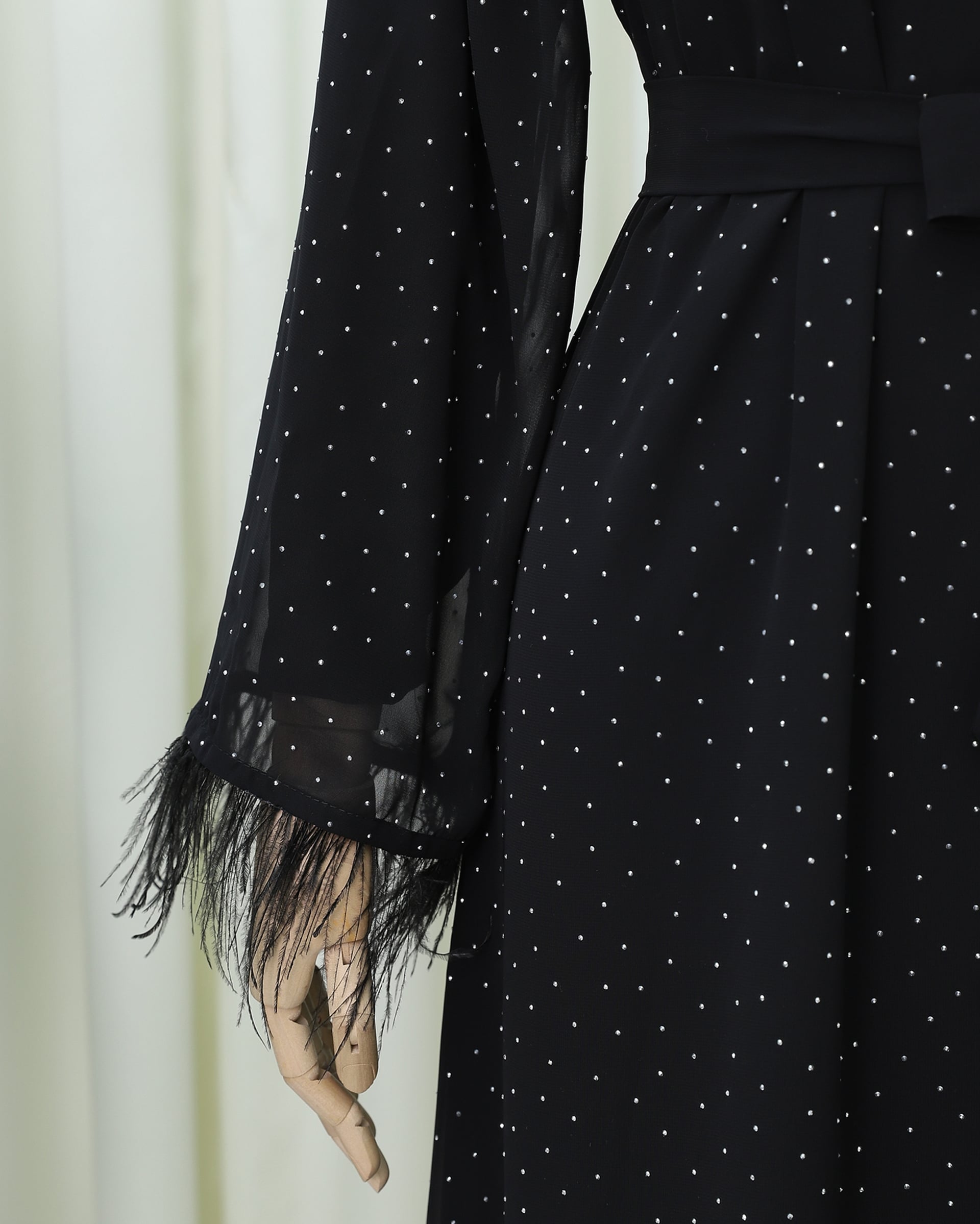 Feather Trim Sleeve Polka Dot Belted Dress - Black - Podyumplus - by Peralane - photo 6