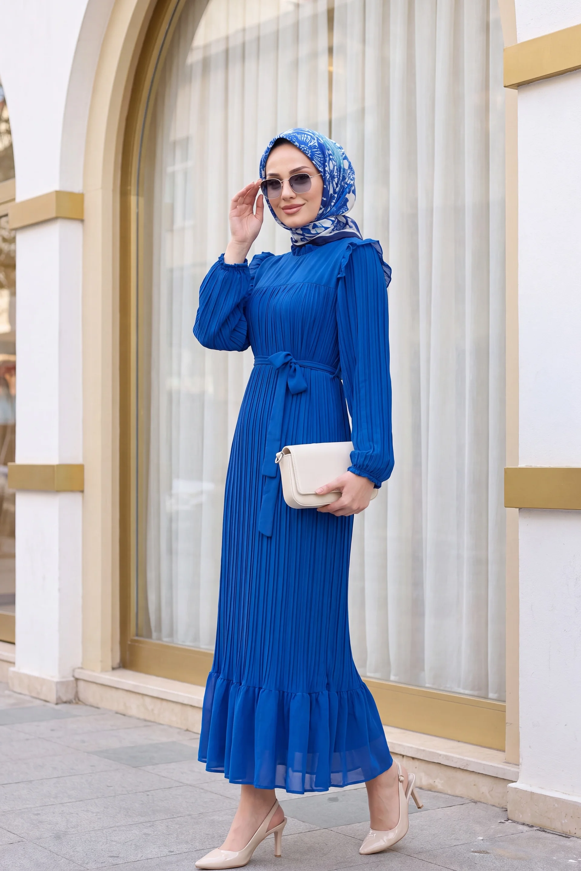 Women's Pleated Midi Dress with Belt - Blue - Podyumplus - by Peralane - photo 3
