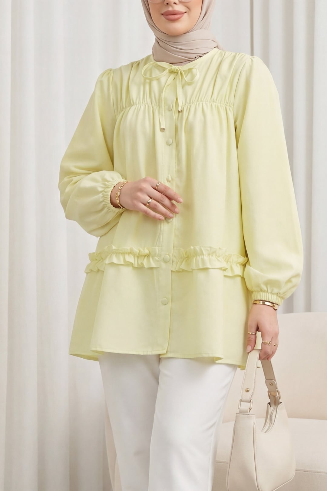 Ruffled Poplin Tunic with Elastic Smocked Yoke and Button Front - Yellow - Podyumplus - by Peralane