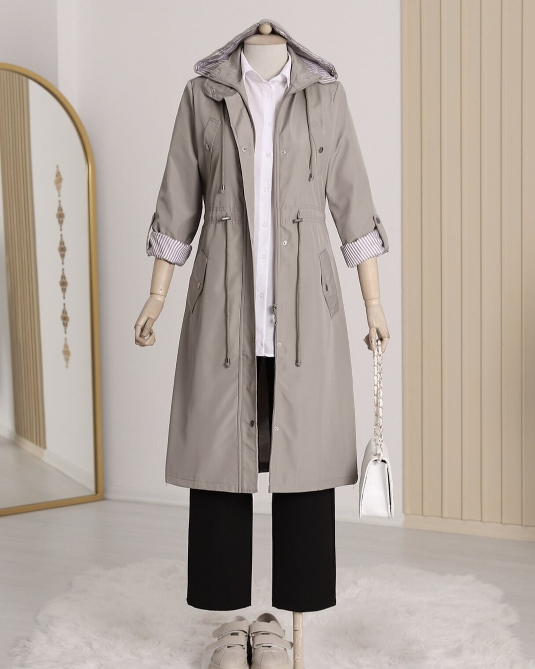 Striped Lining Trench Coat - Light Grey - Podyumplus - by Peralane - photo 6