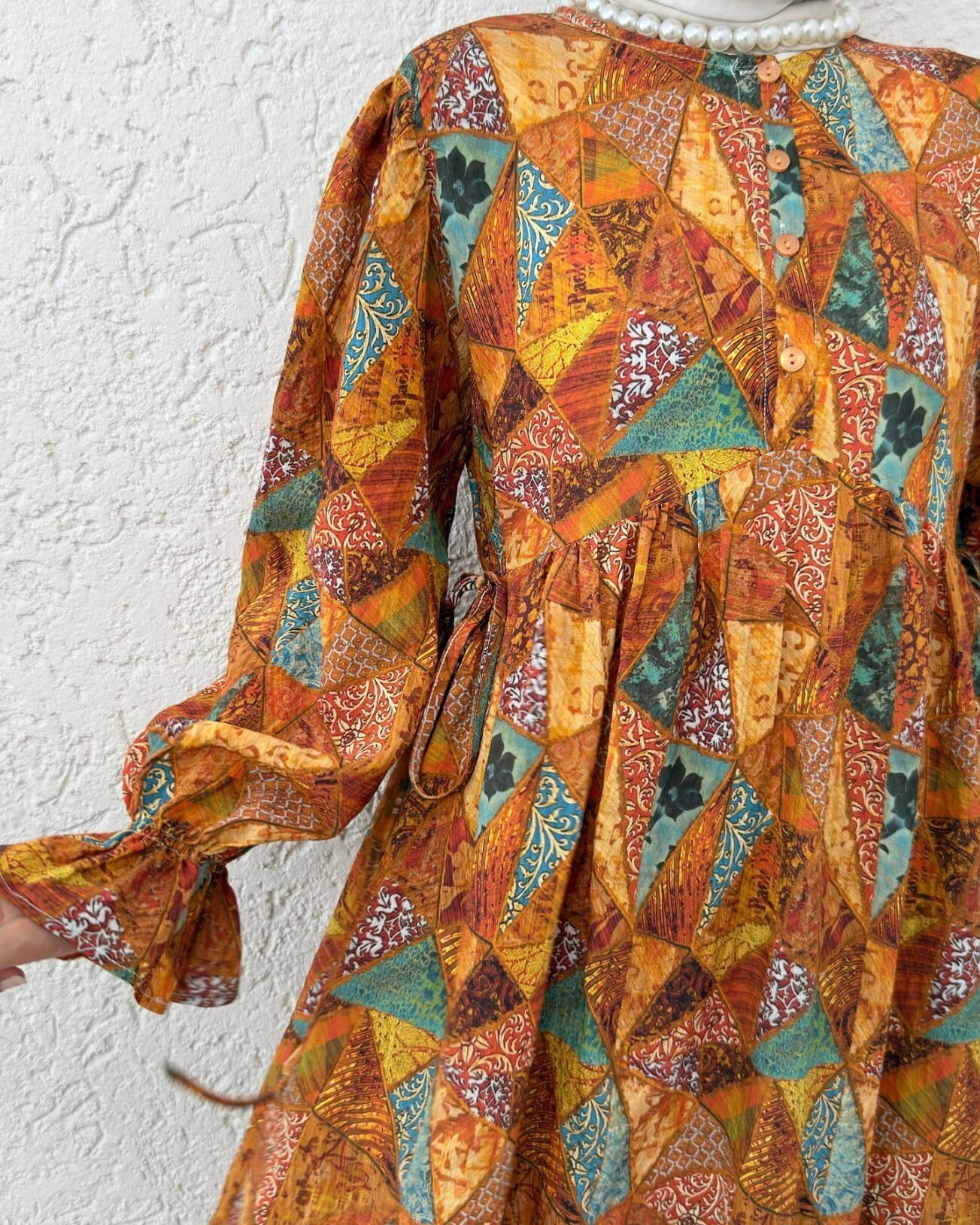 Half Button Belted Patterned Maxi Dress - Orange - Podyumplus - by Peralane - photo 6