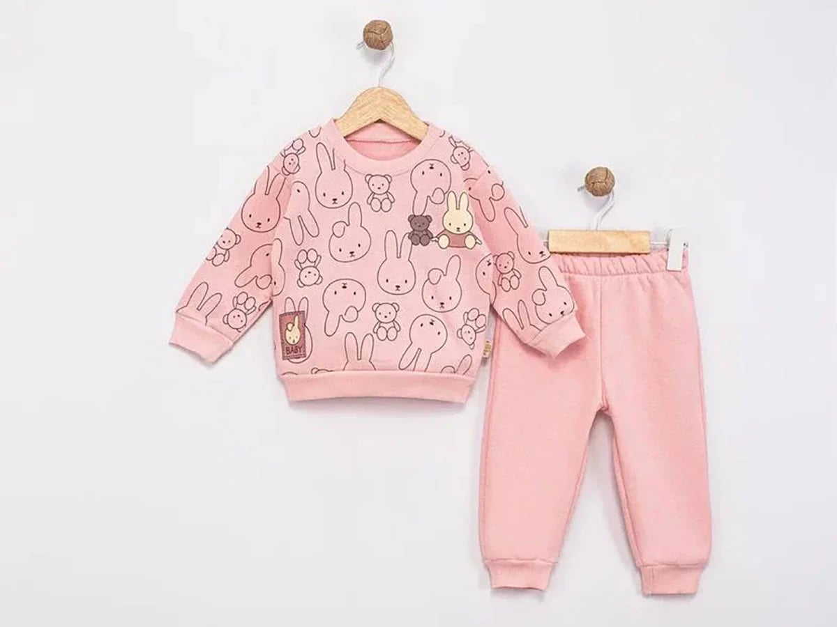 Baby Girls' Bunny Print Fleece Sweatshirt and Trousers Set - Powder Pink - Feely Kids - by Peralane