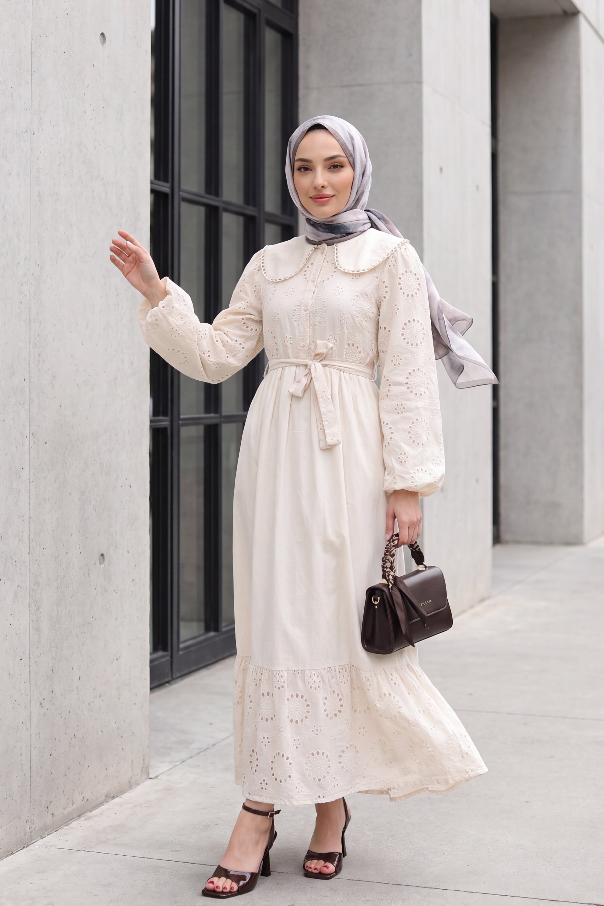 Peter Pan Collar Half Button Eyelet Dress - Beige - Podyumplus - by Peralane - photo 2