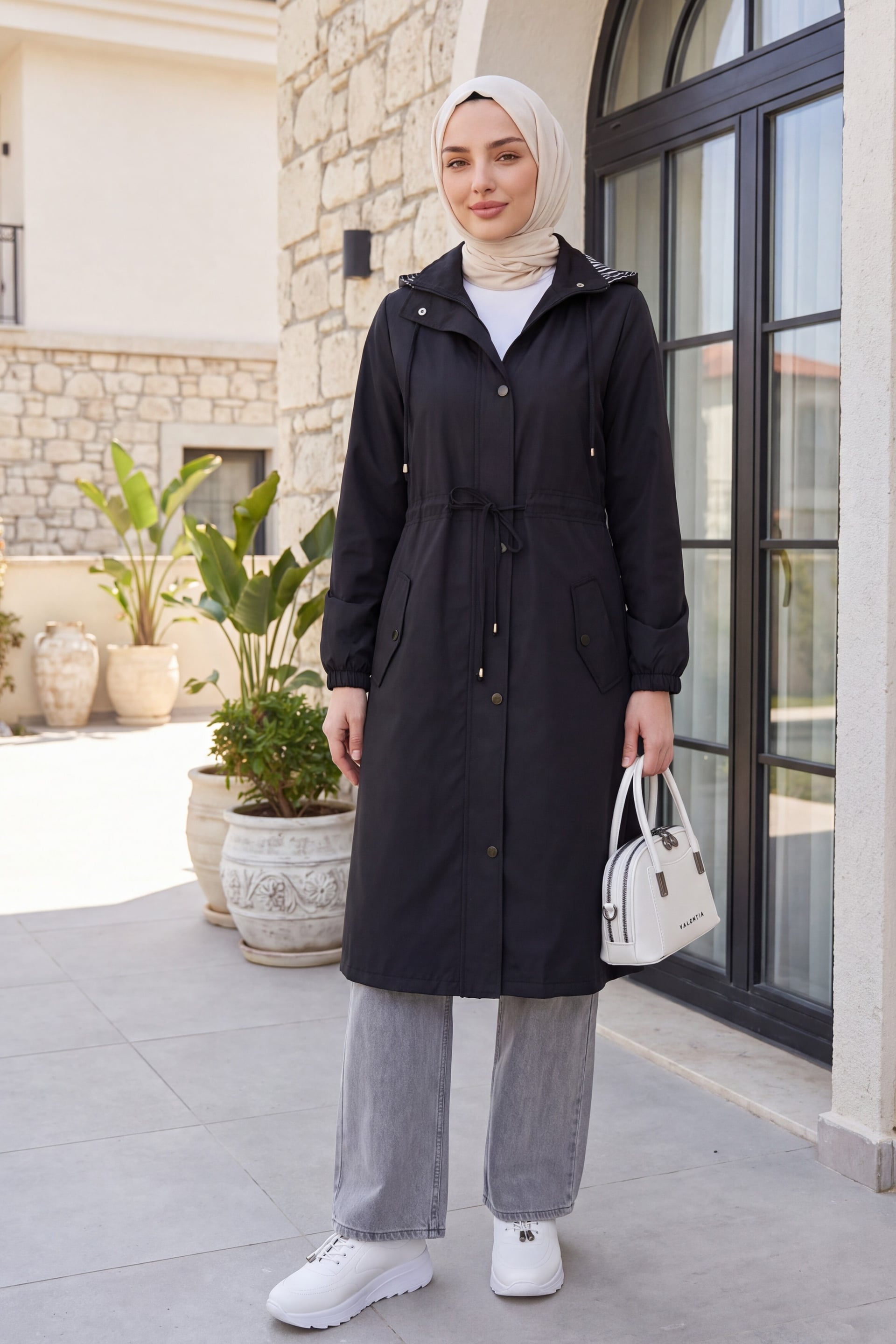 Black Hooded Trench Coat with Striped Lining - Podyumplus - by Peralane - photo 3