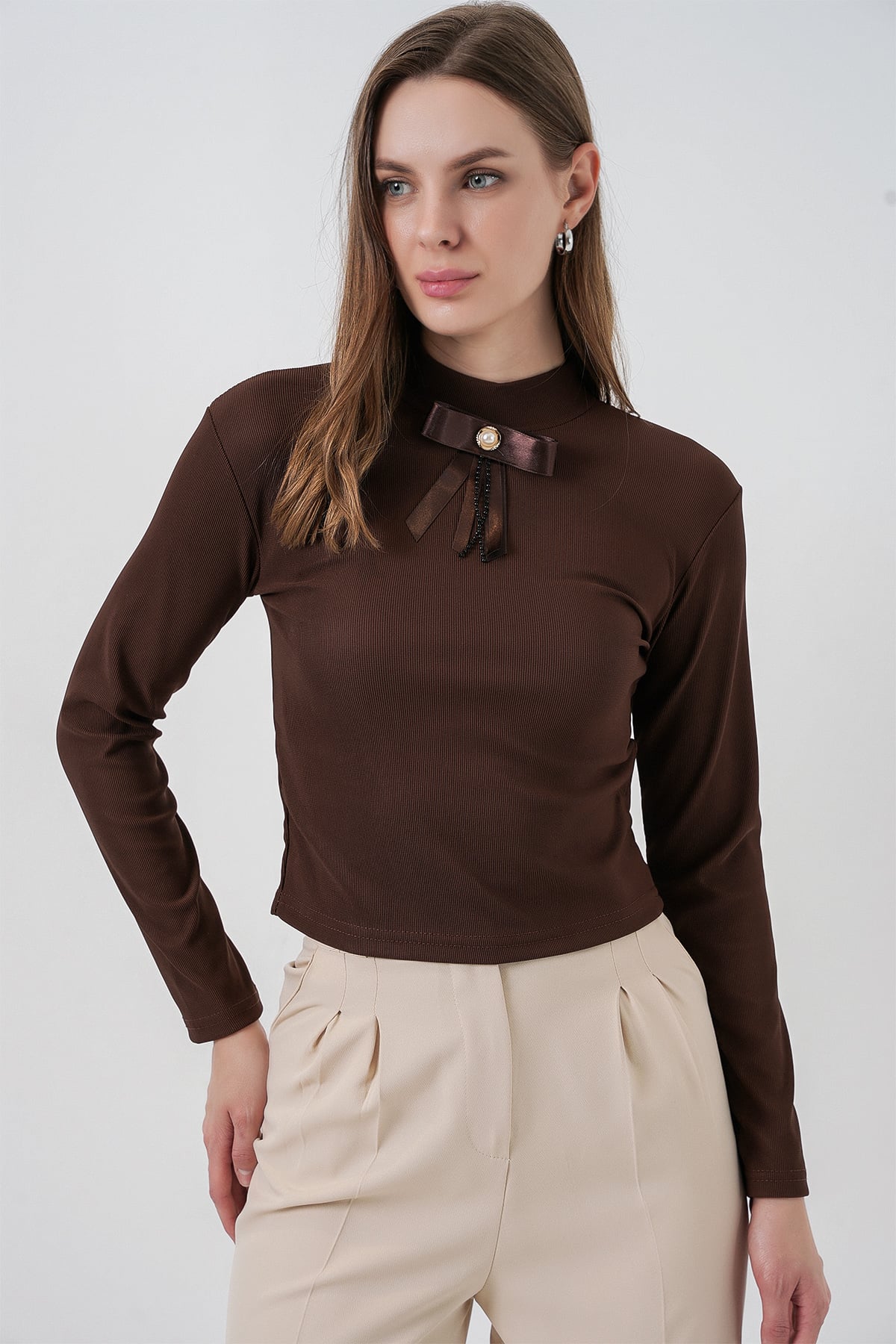 Women's Brown Ribbed Knit Long-Sleeve T-Shirt with Bow Detail - Bigdart - by Peralane - photo 5