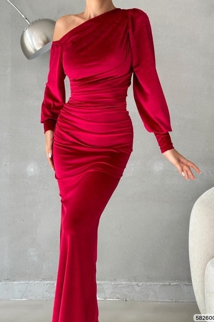 Balloon Sleeve Slit Long Dress - Red - Podyumplus - by Peralane