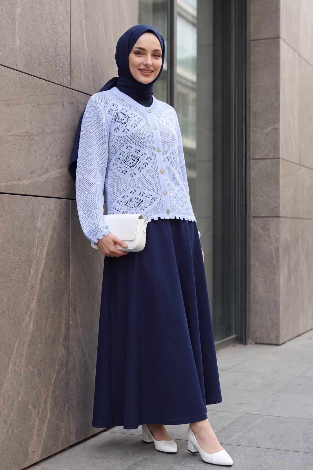 Geometric Patterned Open-Knit Button Cardigan - Baby Blue - Podyumplus - by Peralane - photo 2