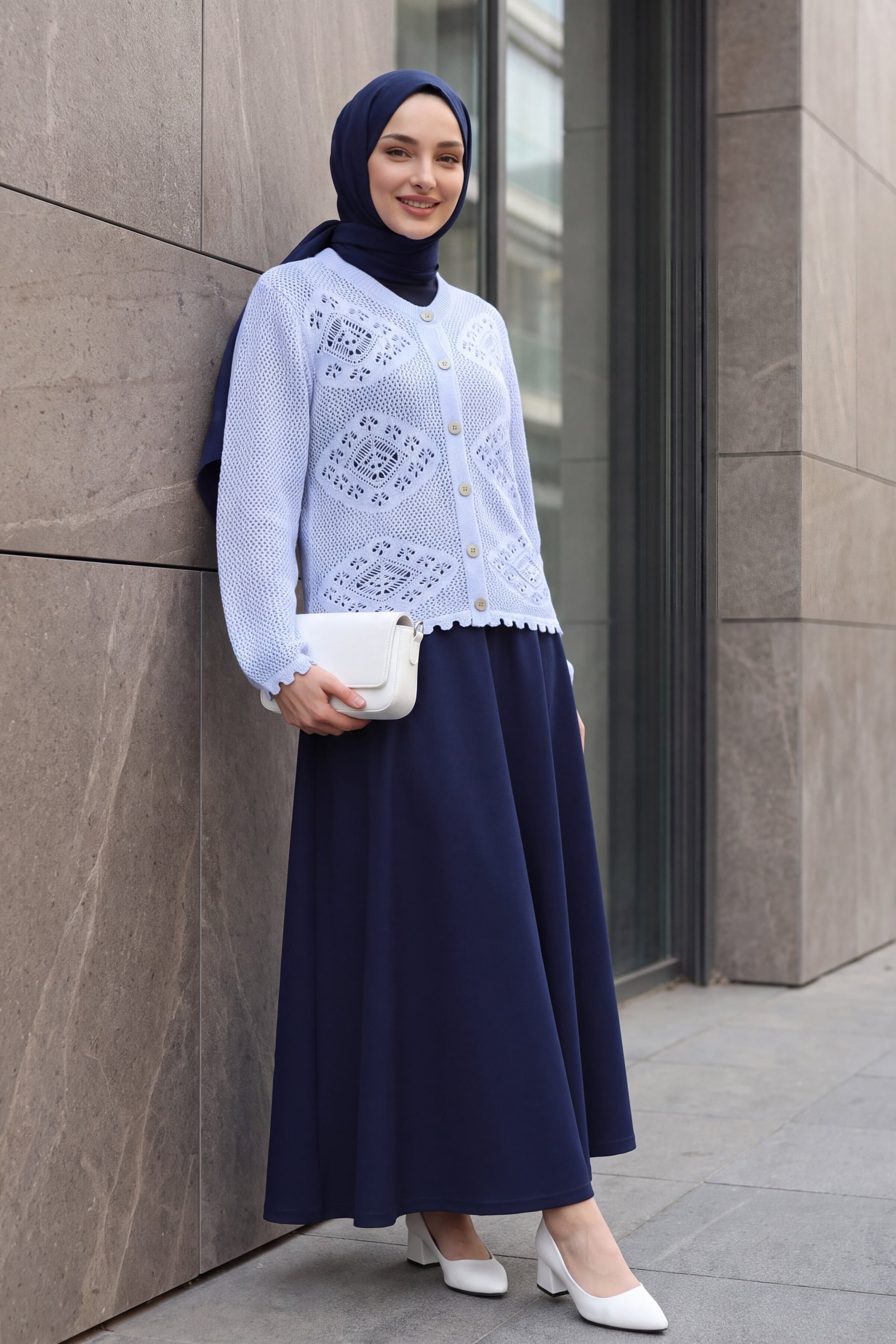 Geometric Patterned Open-Knit Button Cardigan - Baby Blue - Podyumplus - by Peralane - photo 2