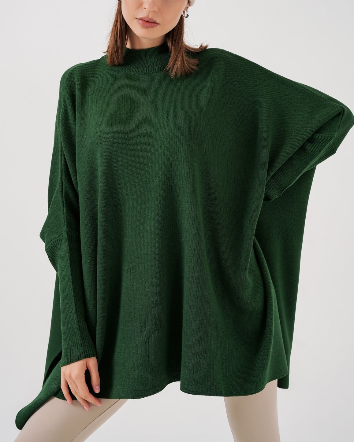 Side Slit Oversize Poncho Knit Sweater - Emerald Green - Bigdart - by Peralane - photo 6