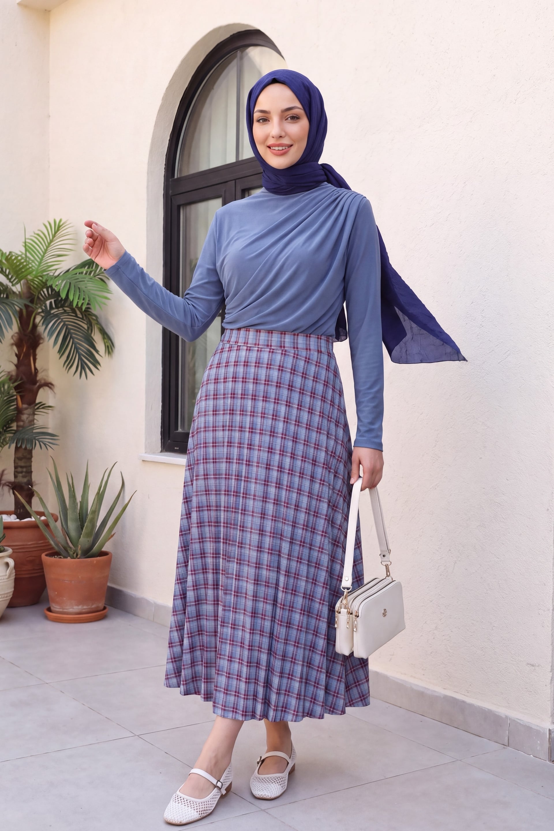 Elasticated Waist Plaid Polyviscose Skirt - Indigo - Podyumplus - by Peralane - photo 3