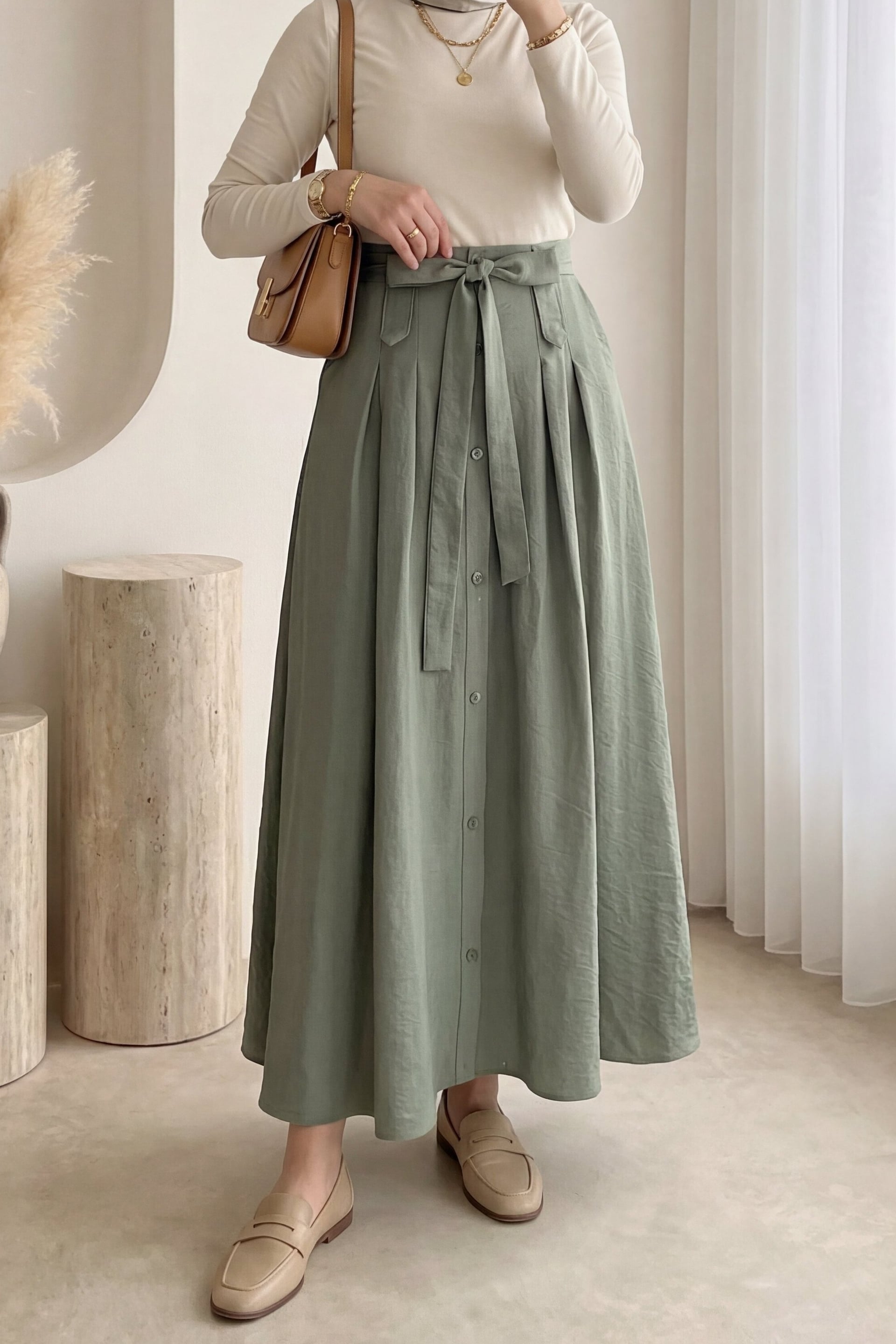 Button-Front Drawstring Parachute Skirt in Khaki - Podyumplus - by Peralane