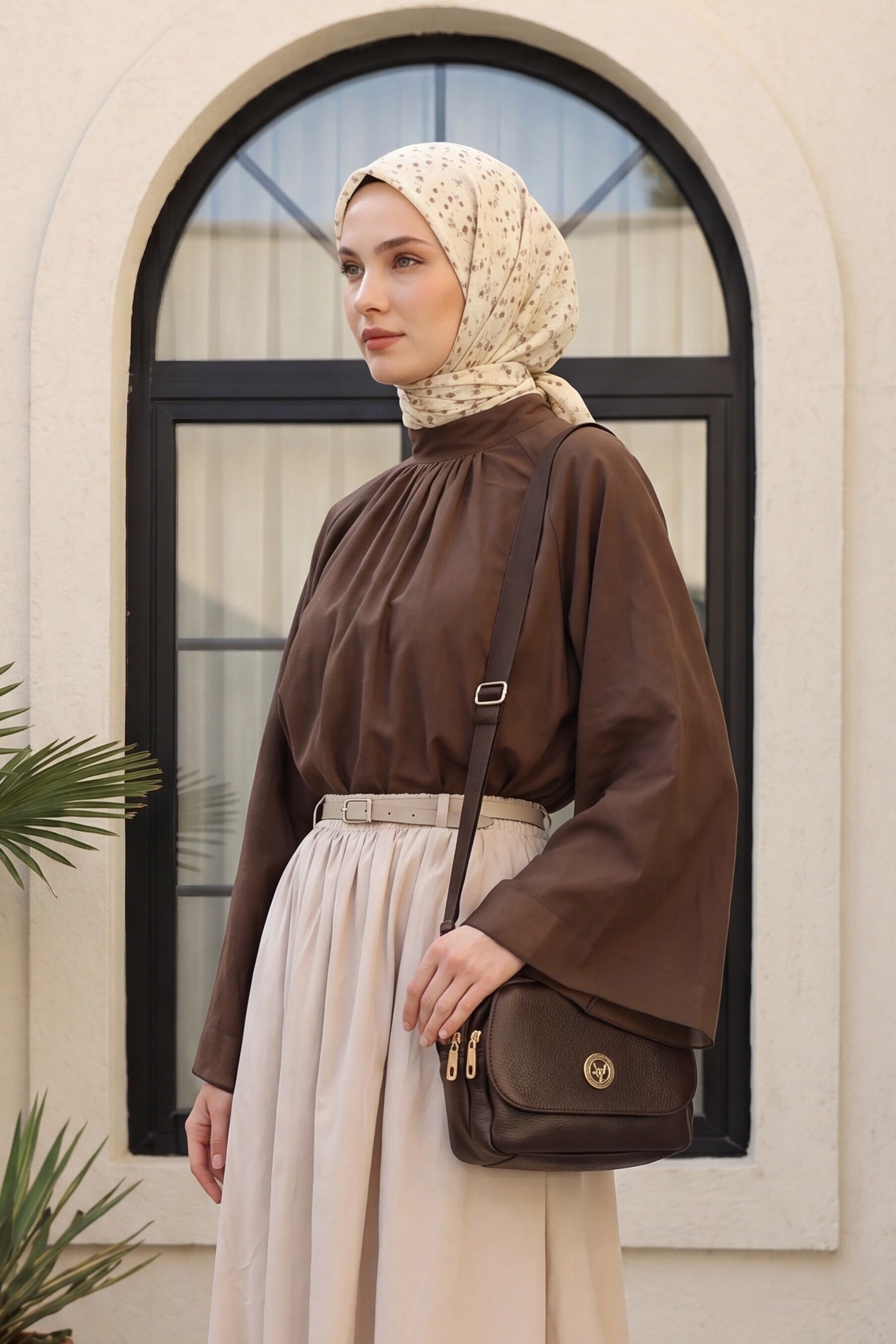 Brown Shawl Collar Spanish Sleeve Lined Voile Blouse - Podyumplus - by Peralane - photo 2