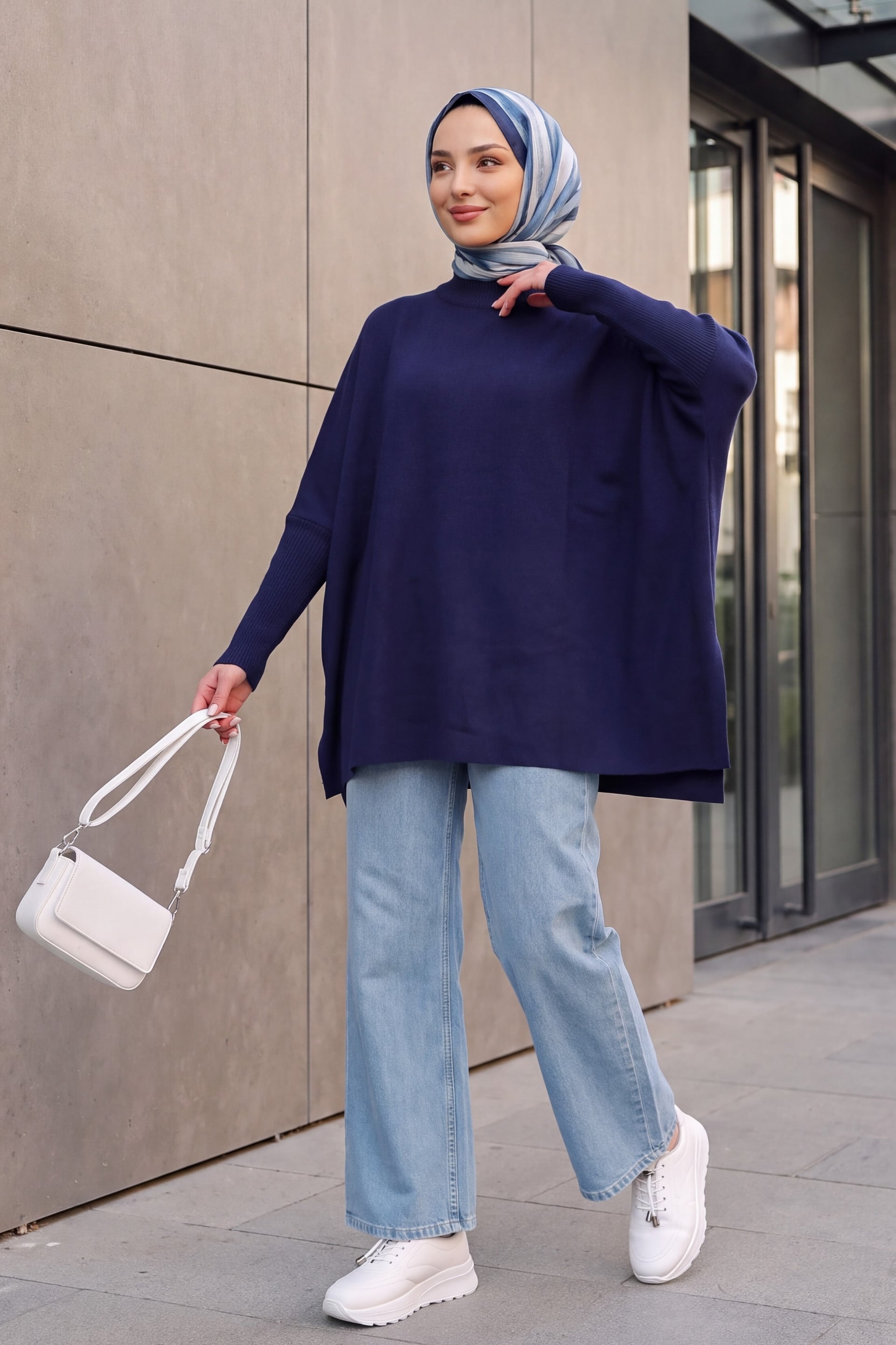 Side Slit Oversize Poncho Knit Sweater - Navy Blue - Wholeskop - by Peralane - photo 4