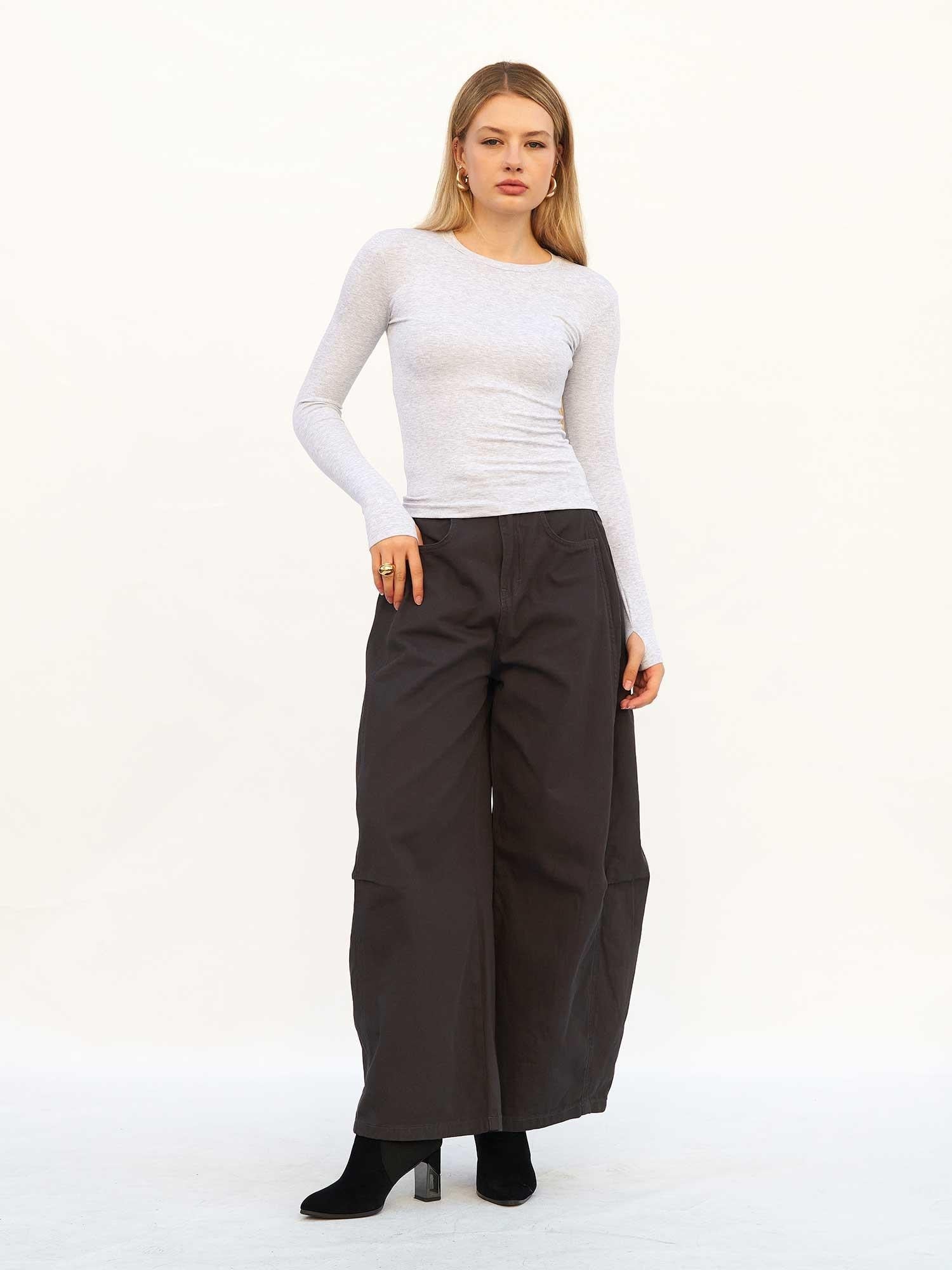 Light Grey Ribbed Knit Long-Sleeve T-Shirt with Thumbholes - Lefon - by Peralane - photo 5