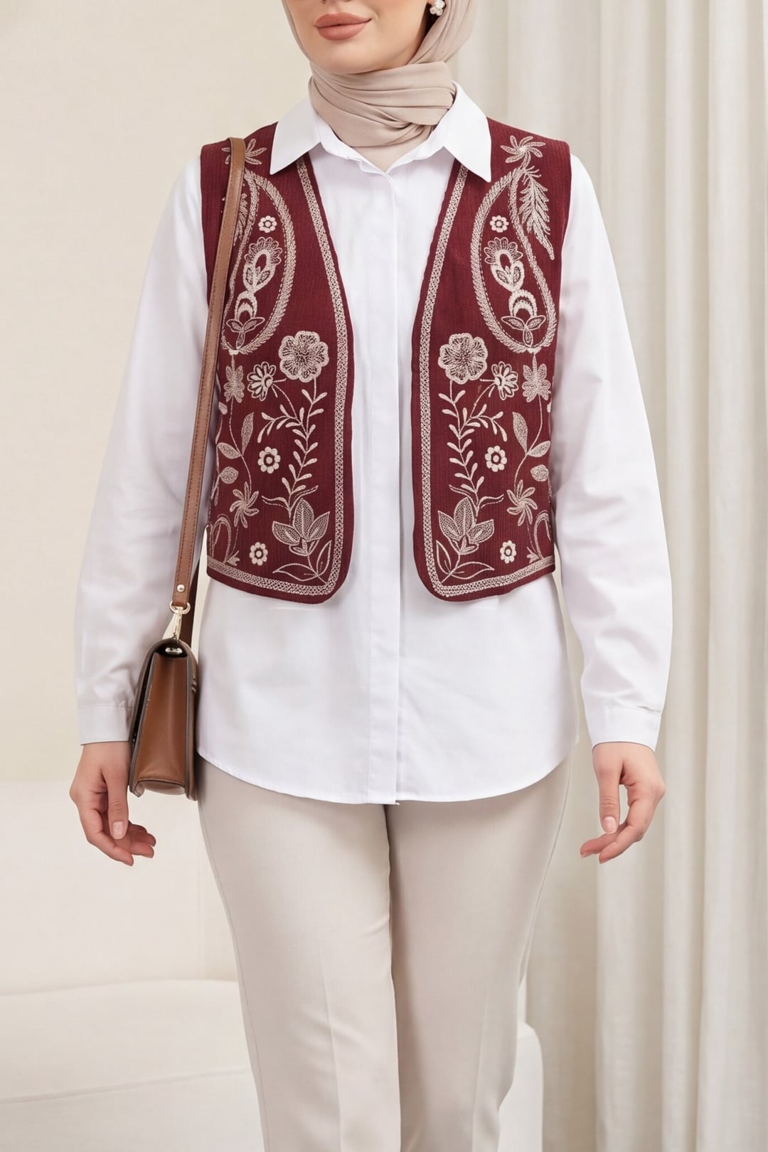 Embroidered Corduroy Velvet Vest - Bordeaux - Podyumplus - by Peralane - photo 3