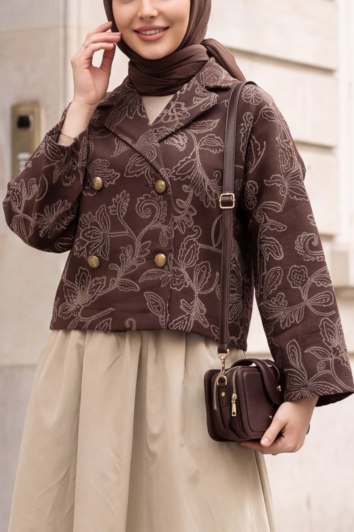 Shirt Collar Mixed Print Button Front Quilted Jacket - Brown - Podyumplus - by Peralane