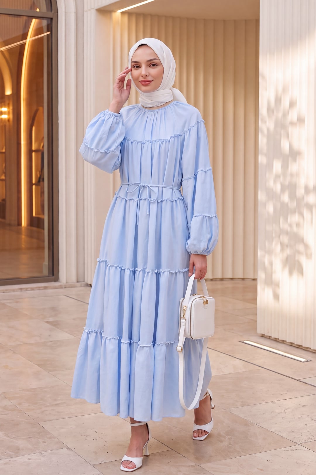 Light Blue Tiered Maxi Dress with Ruffled Details and Tie Belt - Podyumplus - by Peralane