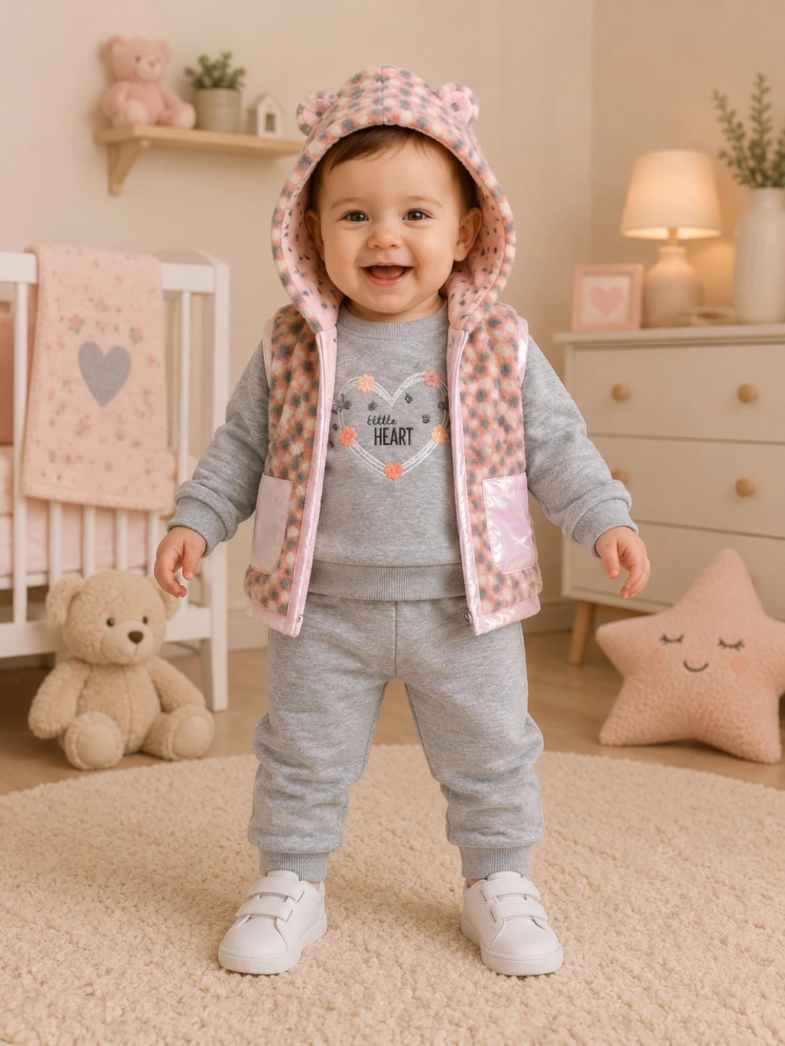 Baby Girls' 3-Piece Fleece Set - Grey with Pink Geometric Print - Has Bereket - by Peralane